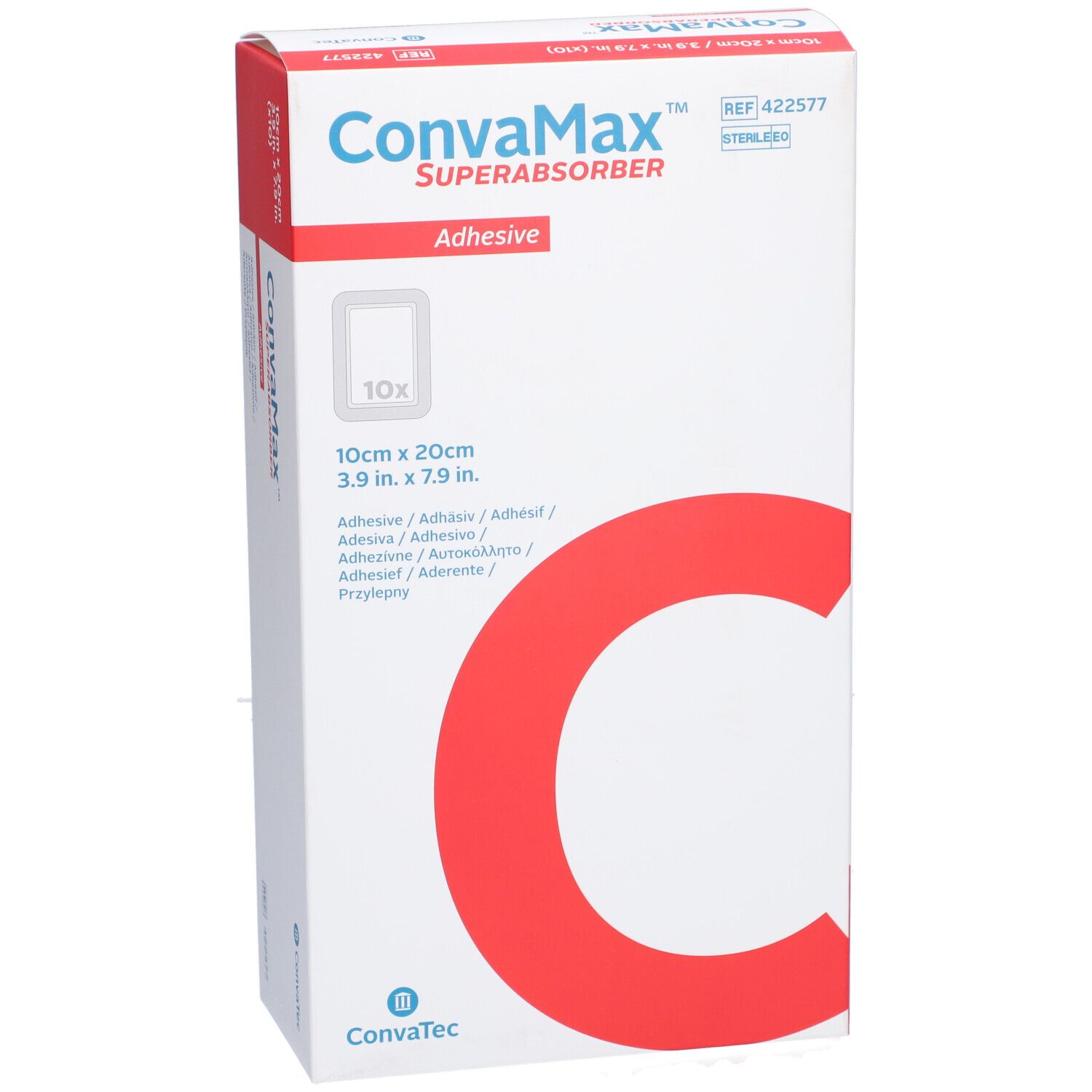 Emballage CONVAMAX Superabsorber, 10 x 20 cm. Bande rouge en haut. Nom du produit et dimensions visibles.