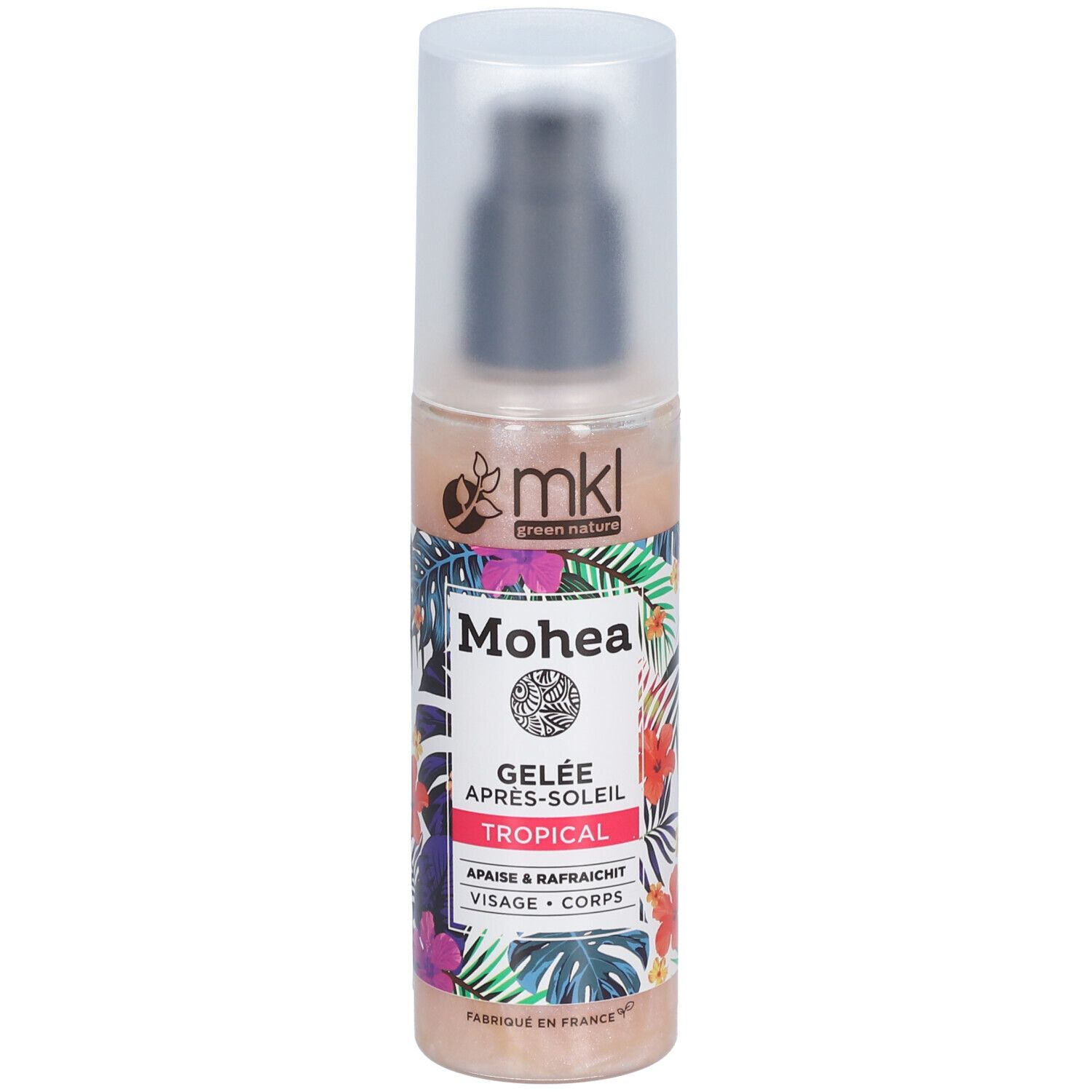 Gelée Après-Soleil Tropical avec pompe. Inscription Mohea. Design floral tropical.
