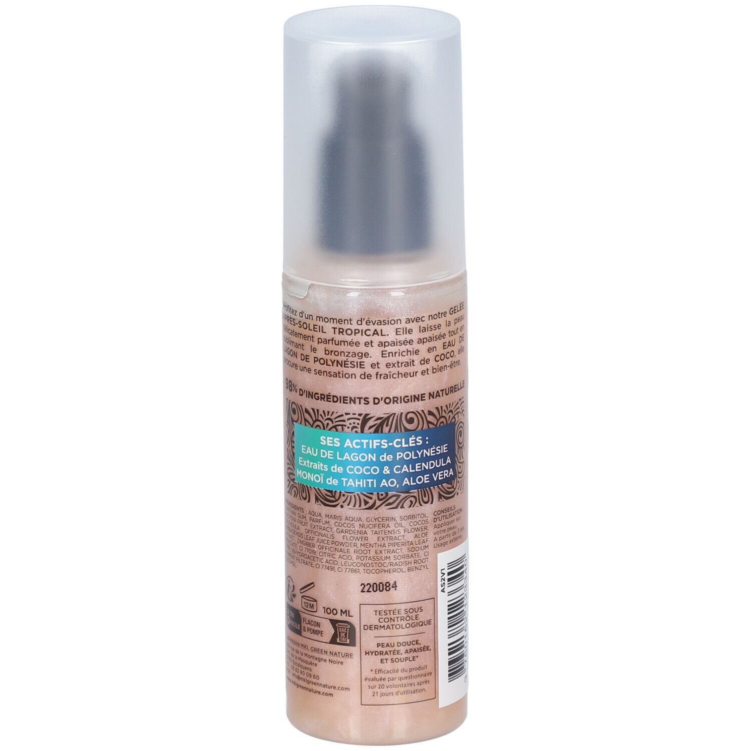 Flacon de gel avec texte. Ingrédients clés: eau, coco, calendula, aloe vera. Certifications.