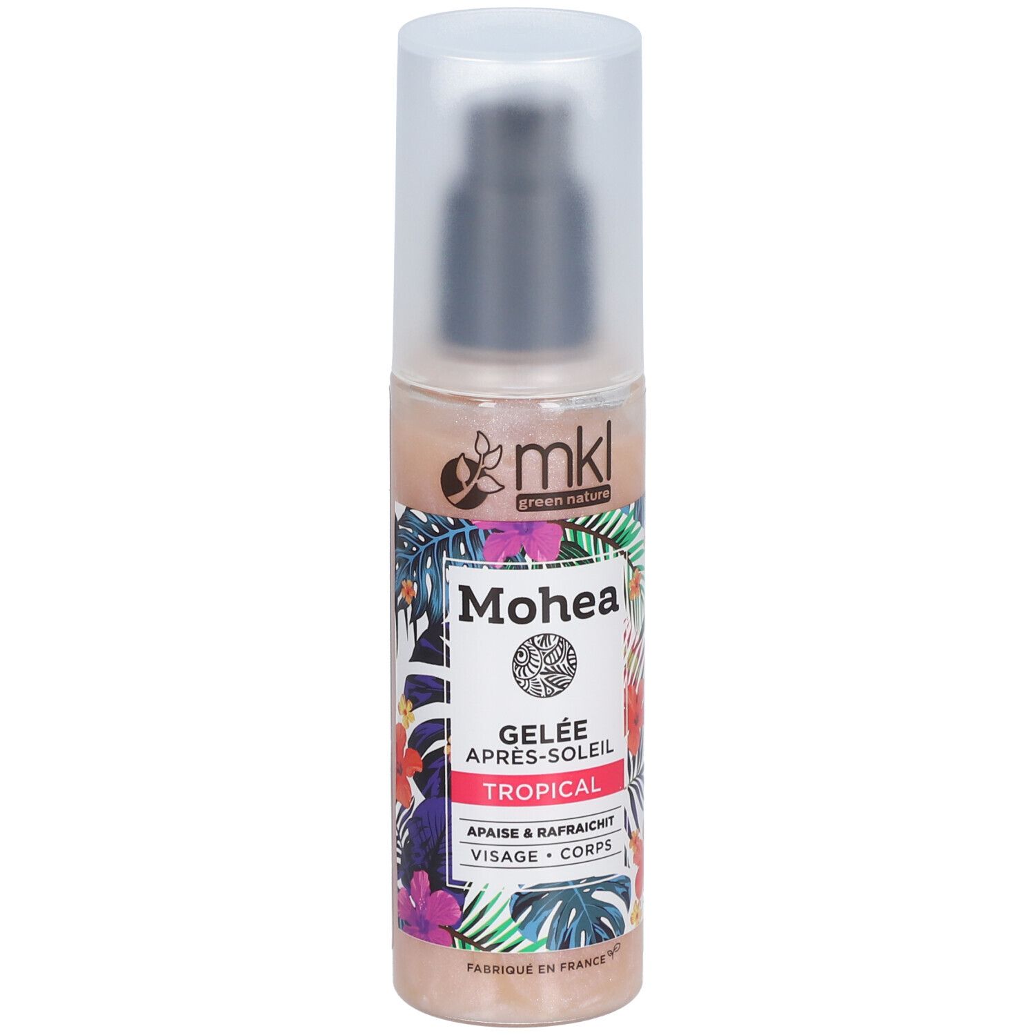 Gelée Après-Soleil Tropical avec pompe. Inscription Mohea. Design floral tropical.