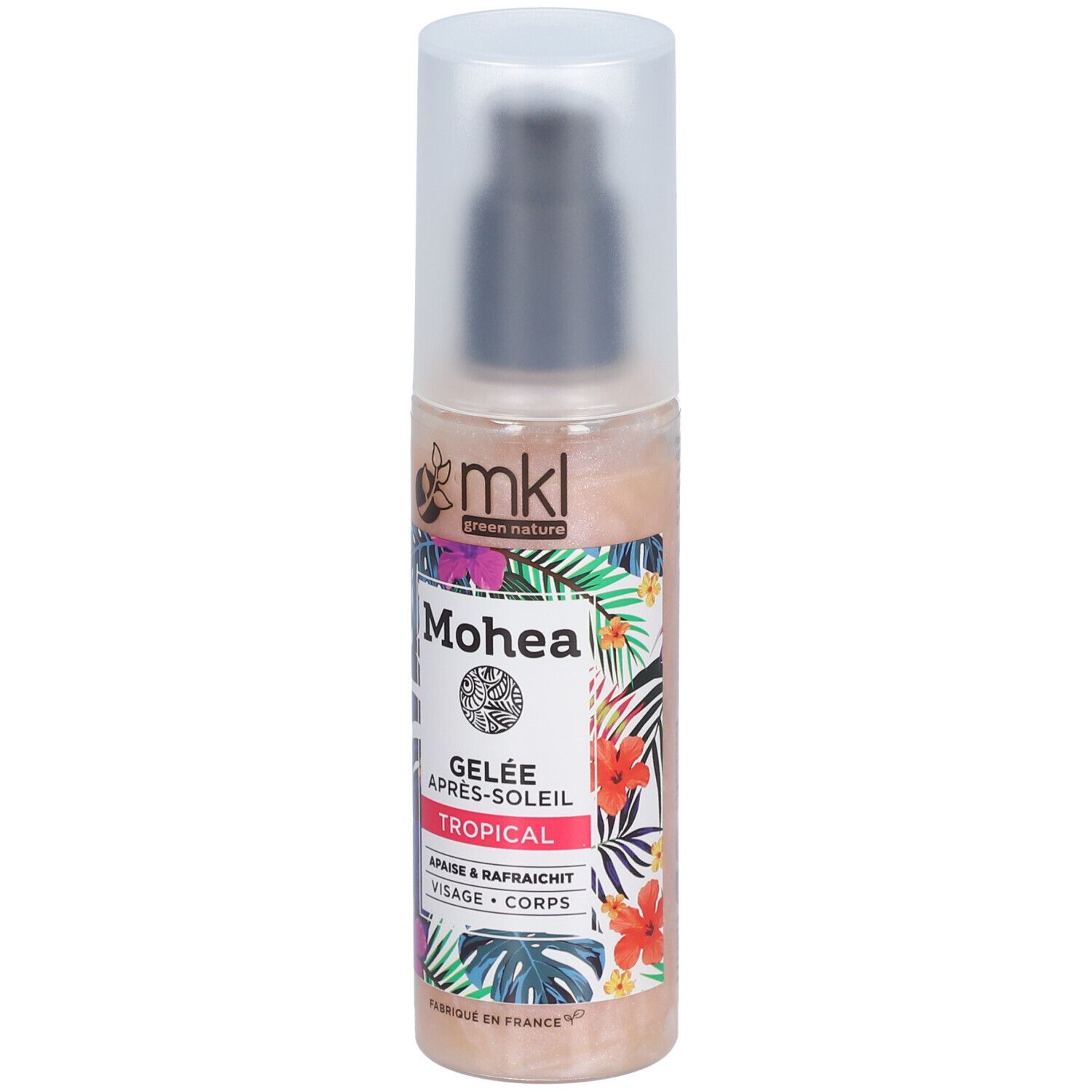 Gelée Après-Soleil Tropical avec pompe. Inscription Mohea. Design floral tropical.