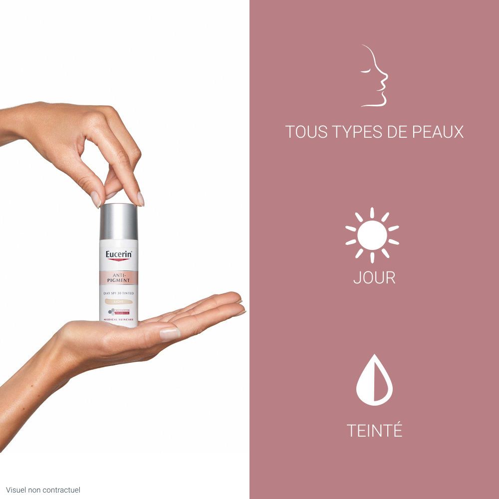 Mains tenant Eucerin Anti-Pigment Soin de Jour Teinté Light SPF 30. Tous types de peau, jour, teinté.