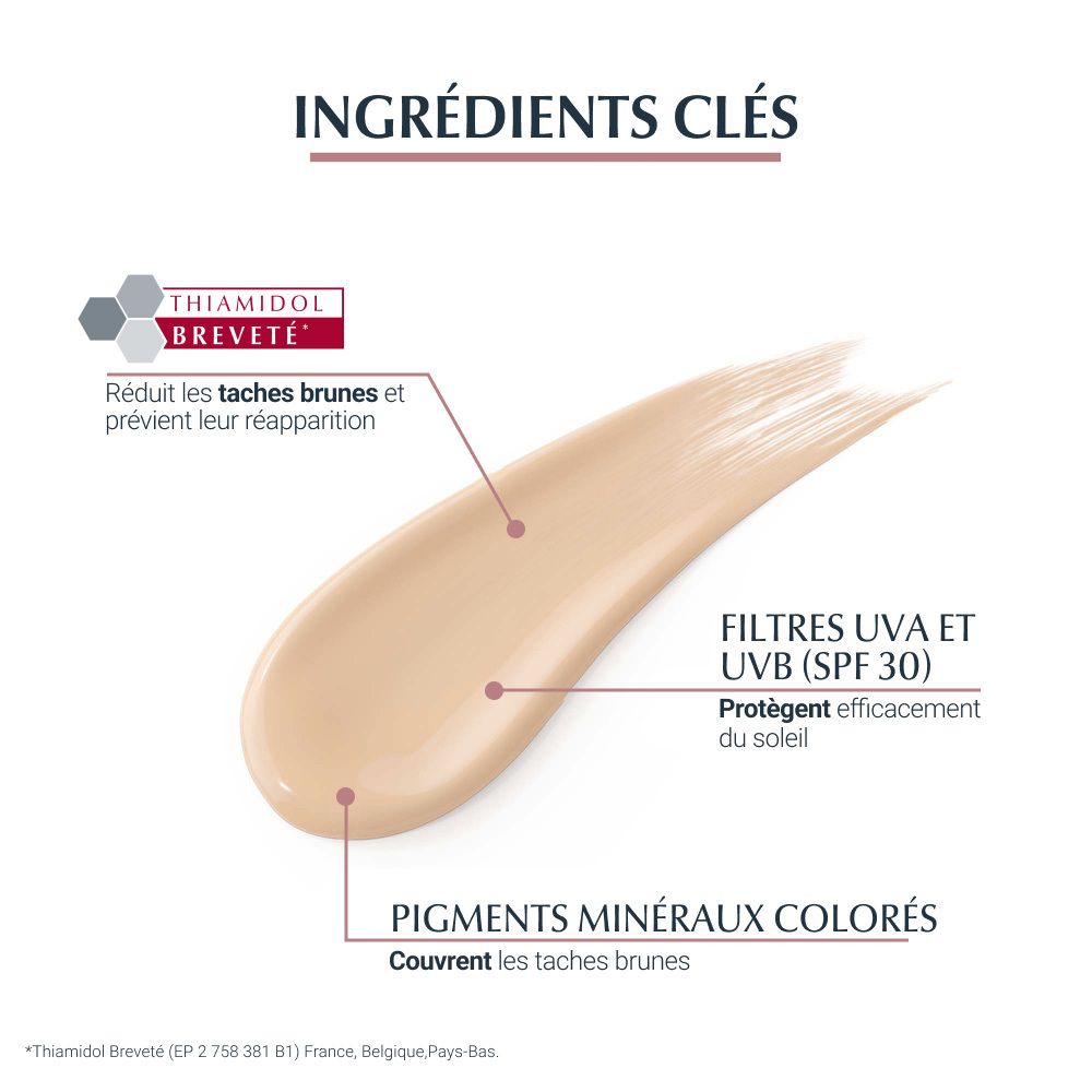 Texture du produit Eucerin Anti-Pigment Soin de Jour Teinté Light SPF 30. Ingrédients : Thiamidol, filtres UV, pigments.