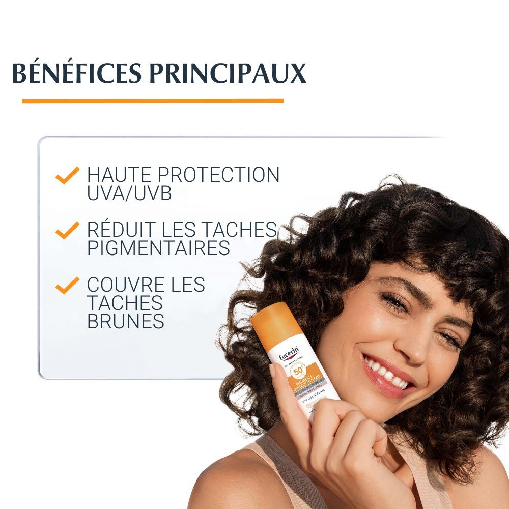 Femme tenant Eucerin crème solaire. Texte : Avantages : haute protection UV, réduit les taches, couvre les taches brunes.