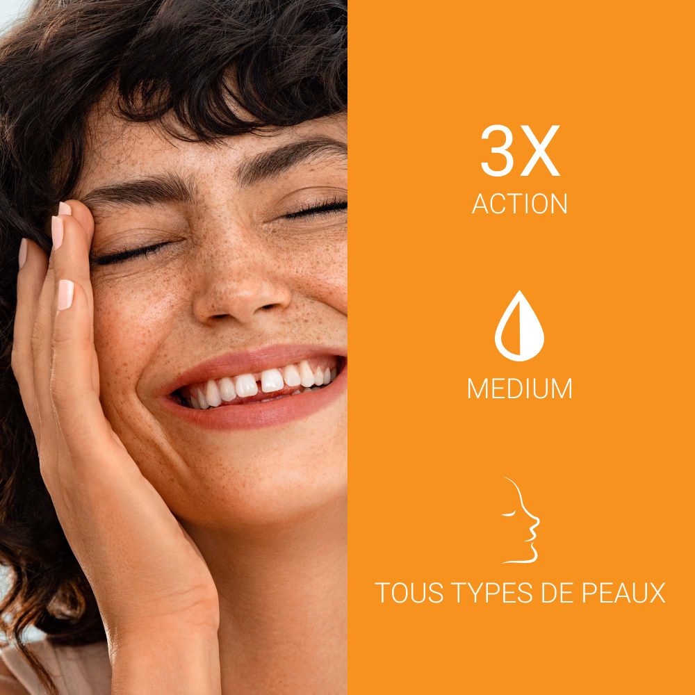 Femme avec crème teintée. Texte : 3x action, Medium, tous types de peaux.