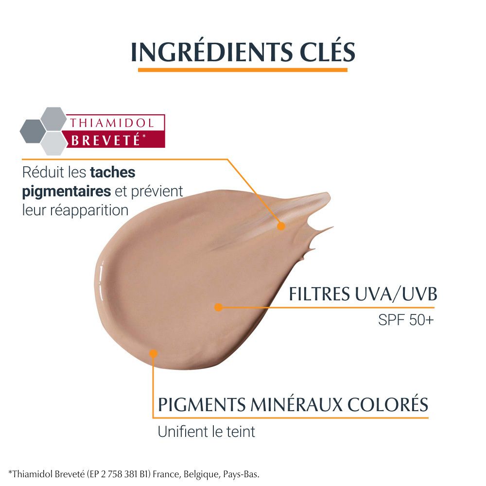 Crème teintée avec graphique des ingrédients. Texte : Thiamidol, réduit les taches, filtres UVA/UVB, pigments minéraux colorés.