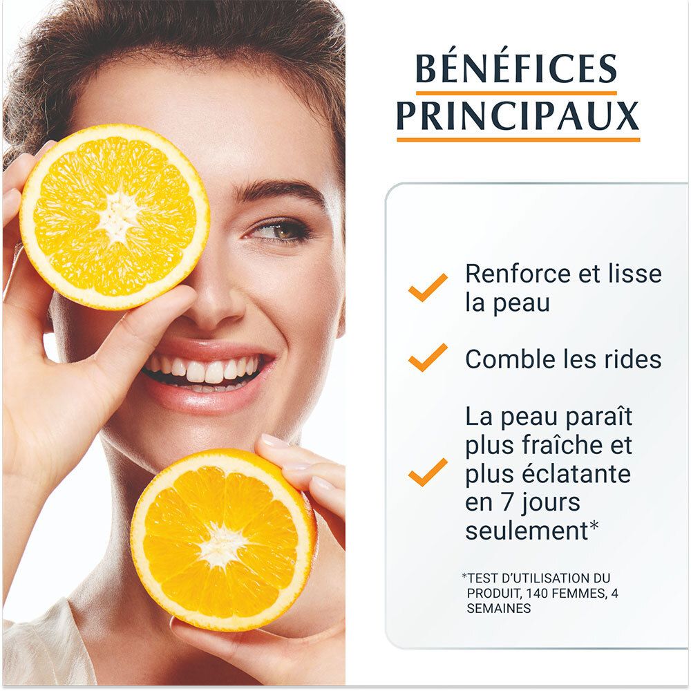 Femme avec des oranges. Texte : Avantages : Renforce et lisse la peau, comble les rides. Peau plus fraîche en 7 jours.