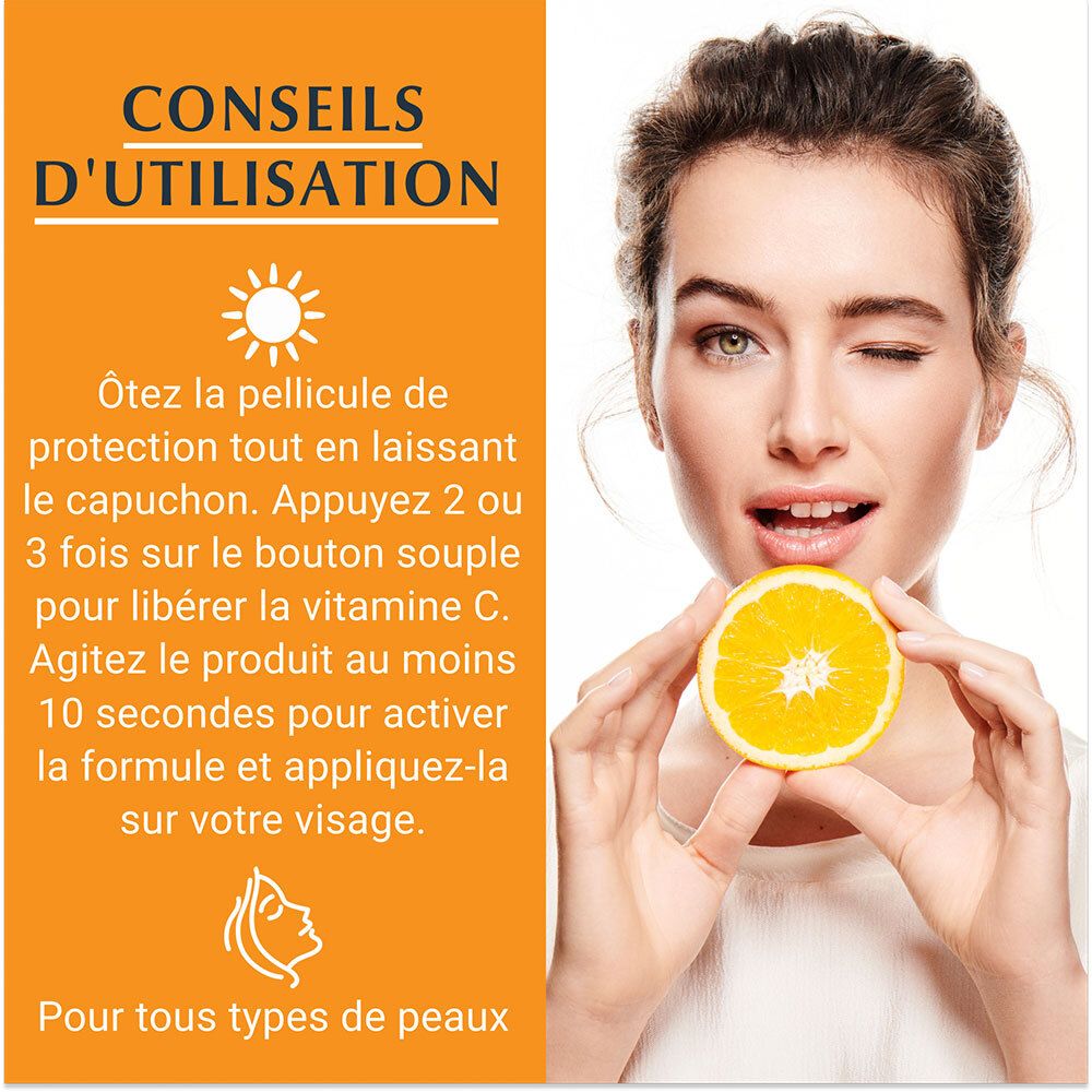 Femme avec orange. Texte : Conseils d'utilisation : Retirer la pellicule, appuyer 2-3 fois, agiter 10 sec., appliquer.