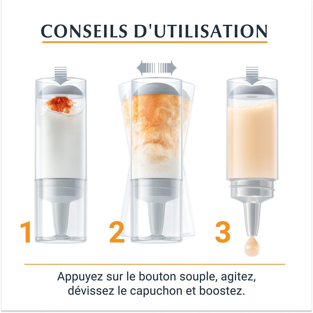 Étapes d'utilisation : 1. Appuyer. 2. Agiter. 3. Appliquer. Texte : Appuyer, agiter, dévisser et booster.