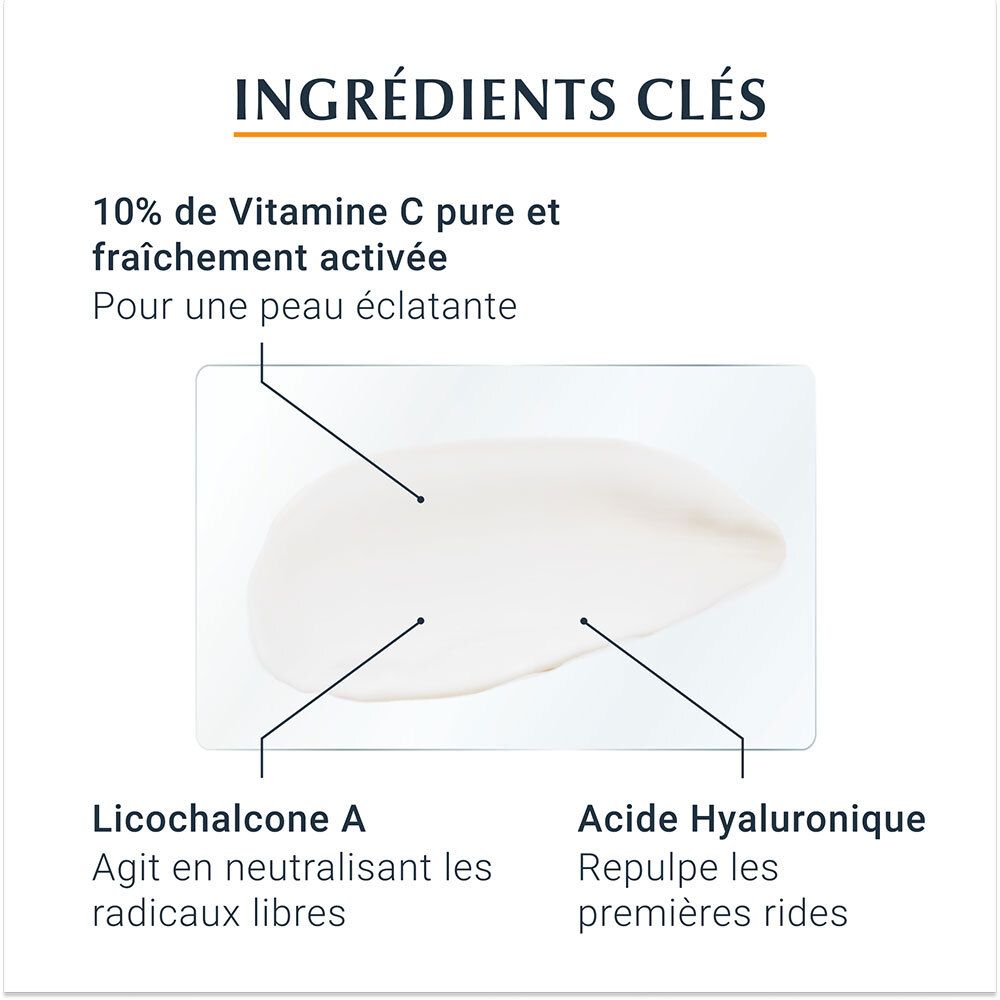 Texte : Ingrédients clés : 10% Vitamine C pure, Licochalcone A, Acide Hyaluronique. Pour une peau éclatante.