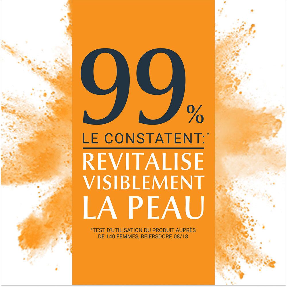 Texte : 99% le constatent : Revitalise visiblement la peau. Étude avec 140 femmes, Beiersdorf, 08/18.