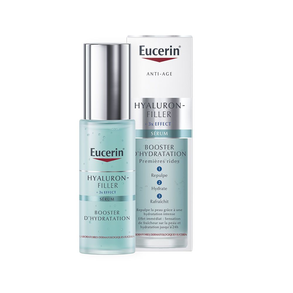 Sérum Eucerin HYALURON-FILLER + 3x EFFECT. Flacon et emballage. Inscriptions visibles.