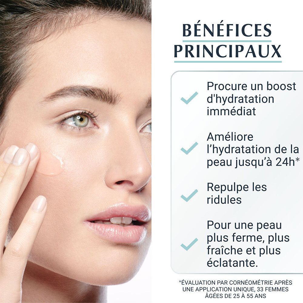 Femme appliquant le sérum. Texte: Avantages: hydratation immédiate, jusqu'à 24h, repulpe les rides.