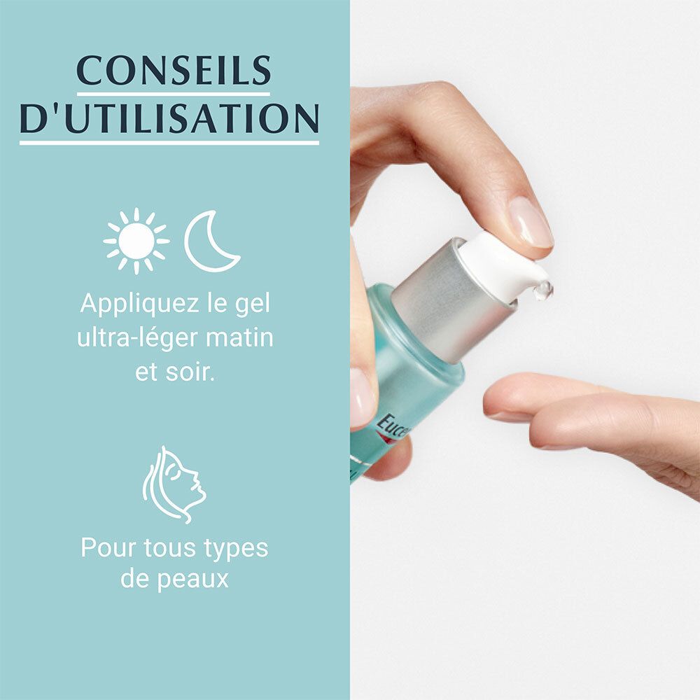 Main distribuant le sérum. Texte: Conseils d'utilisation: matin et soir. Pour tous types de peaux.