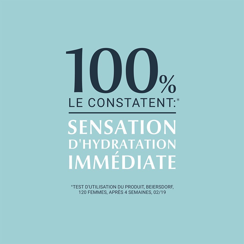 Texte: 100% le constatent: sensation d'hydratation immédiate. Texte sur l'étude.