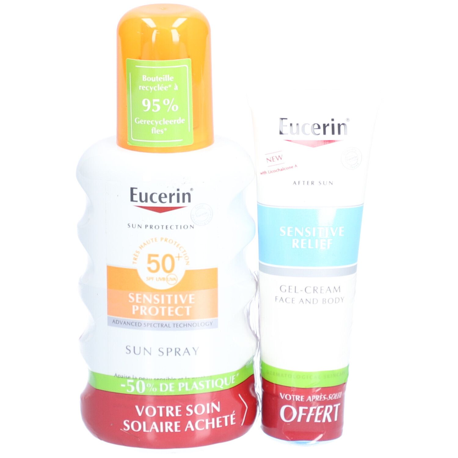 Spray solaire Eucerin SPF 50+ et crème en gel Sensitive Relief. Flacon blanc et orange, tube blanc et bleu. Offre promotionnelle.