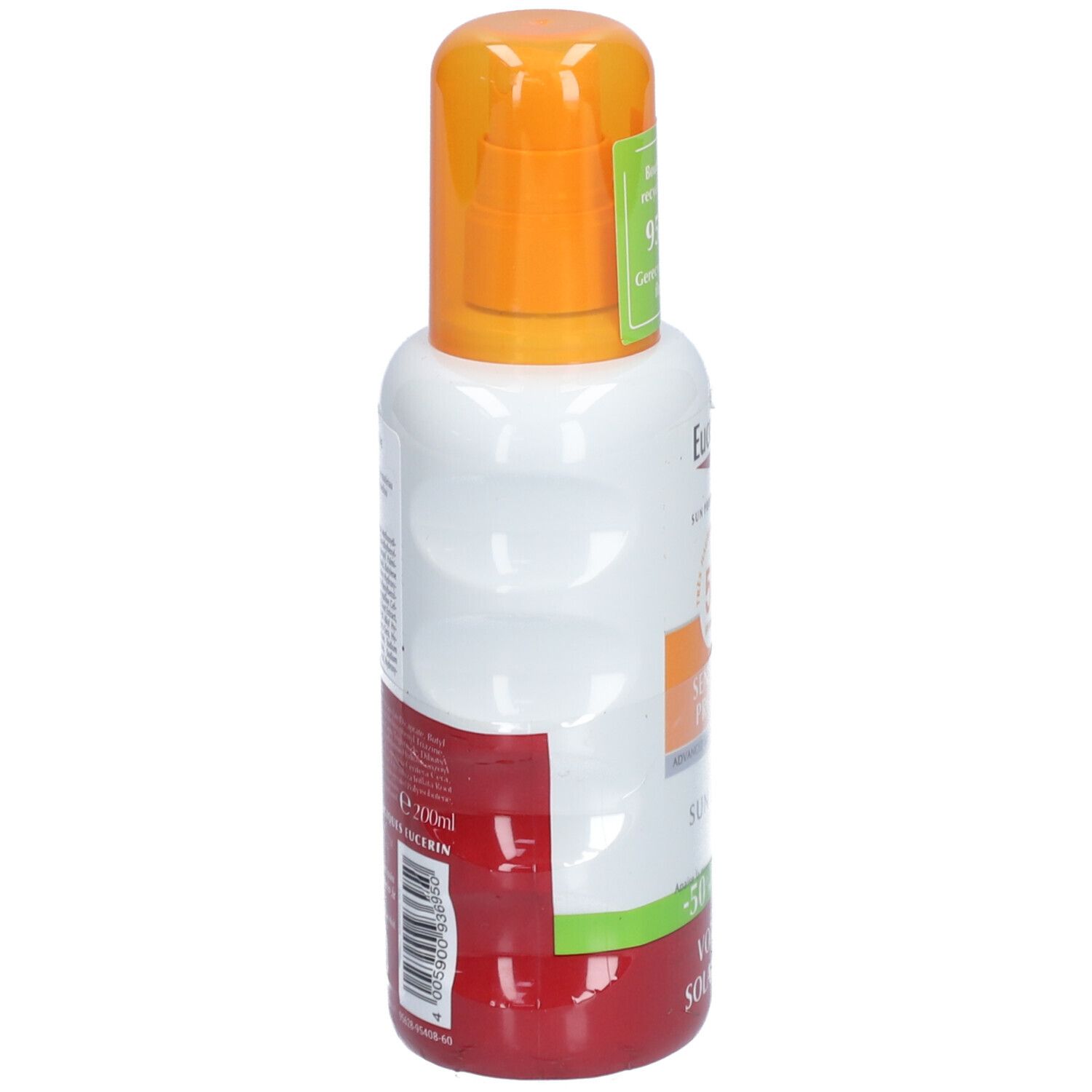 Vue latérale du spray solaire Eucerin. Flacon blanc avec bouchon orange. Inscription SPF 50+ et "Sensitive Protect".