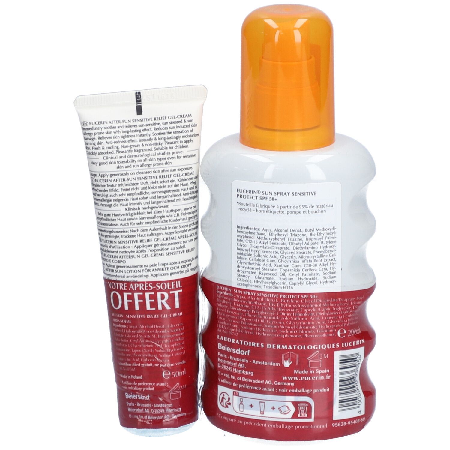 Dos du spray solaire Eucerin et gel-crème. Texte avec ingrédients et informations fabricant. "Votre après-soleil offert".