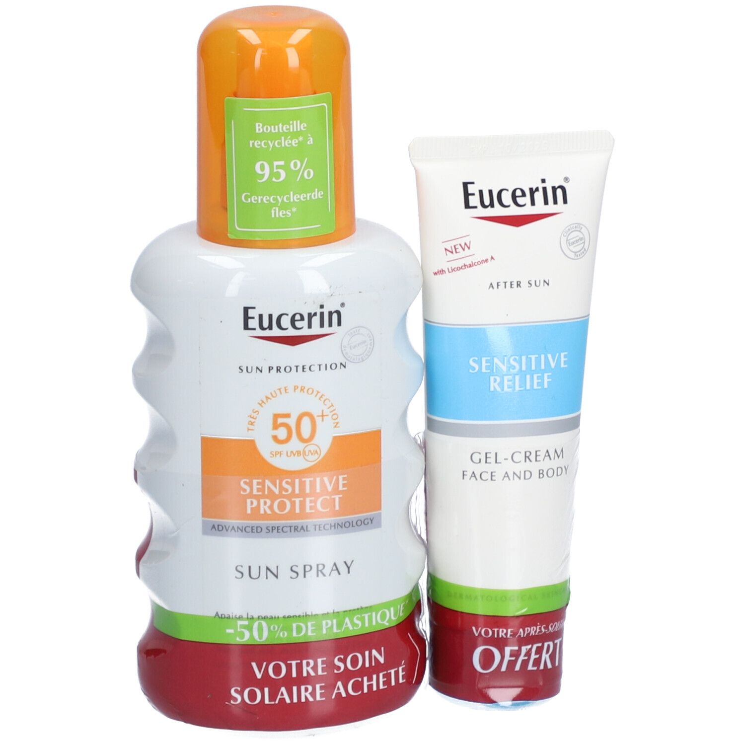 Spray solaire Eucerin SPF 50+ et crème en gel Sensitive Relief. Flacon blanc et orange, tube blanc et bleu. Offre promotionnelle.