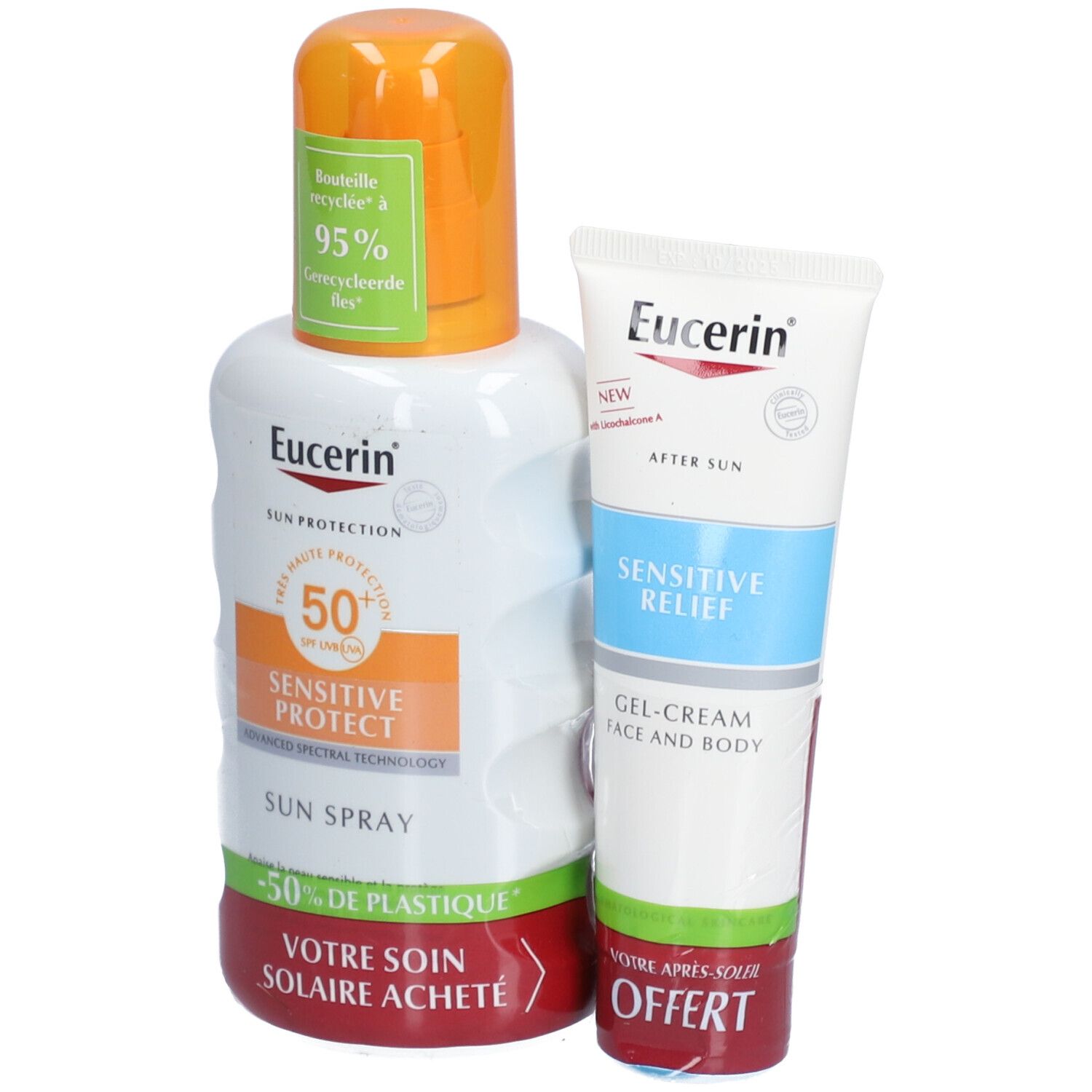 Spray solaire Eucerin SPF 50+ et crème en gel Sensitive Relief. Flacon blanc et orange, tube blanc et bleu. Offre promotionnelle.