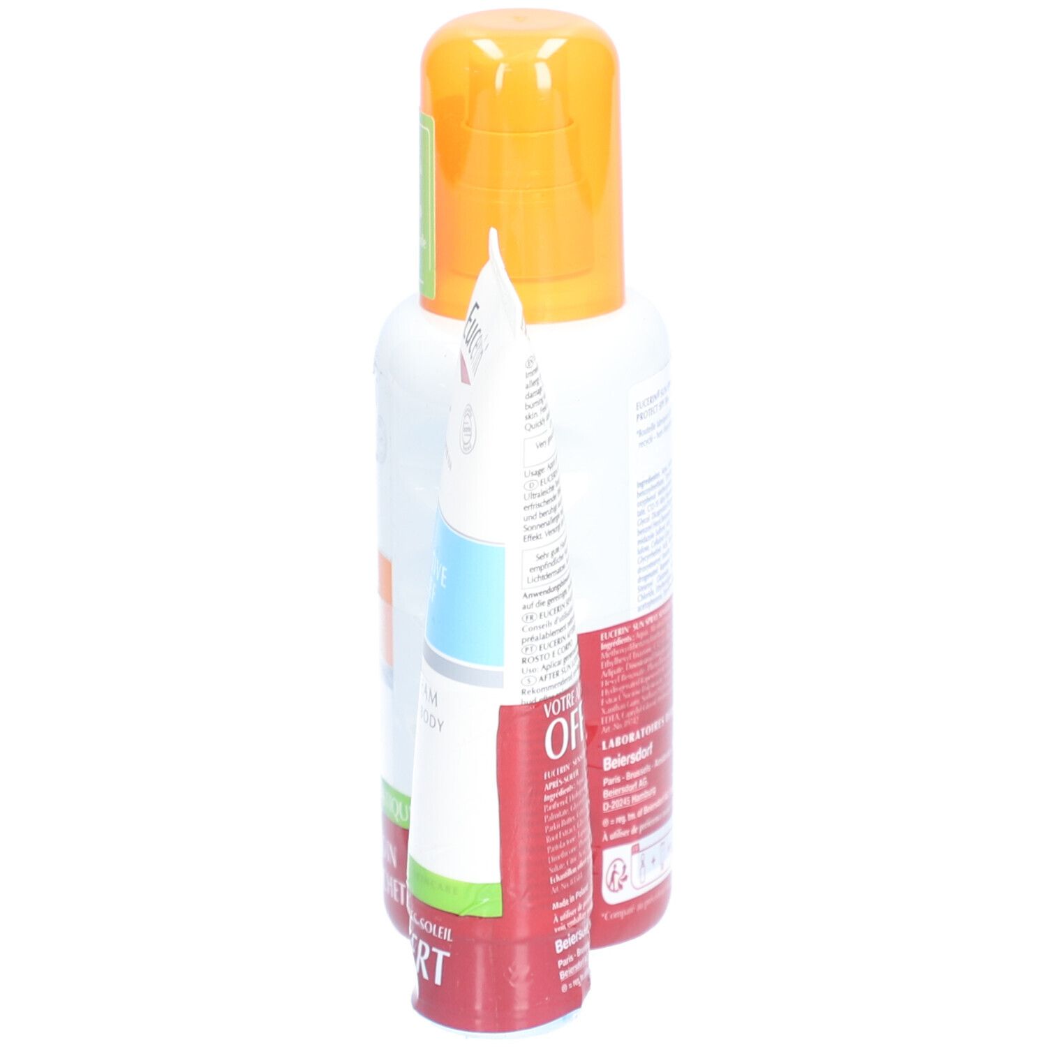 Spray solaire Eucerin et crème en gel. Spray avec bouchon orange. Crème en gel avec inscription bleue. Les deux produits sont côte à côte.