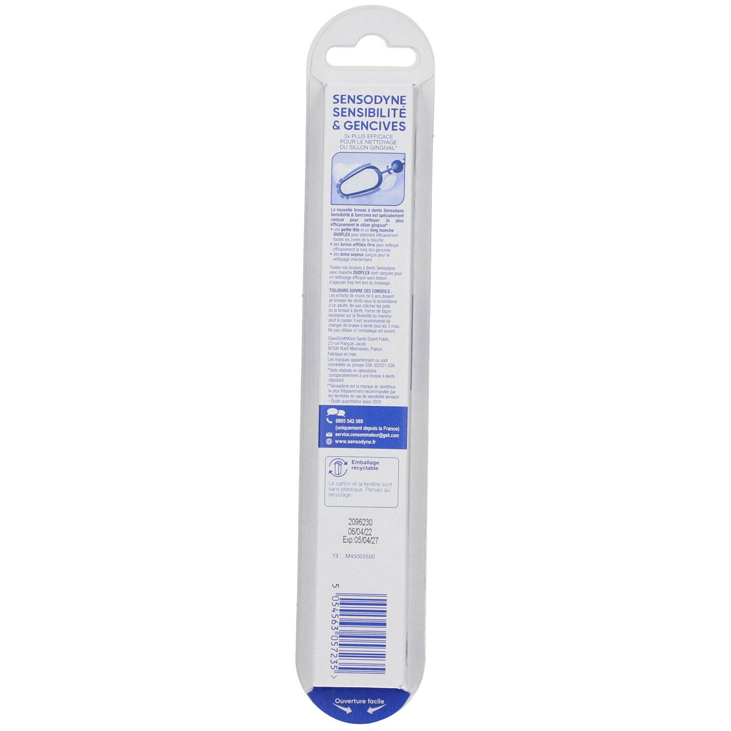 Dos de l'emballage de la brosse à dents. Texte et code-barres. Sensodyne Sensibilité & gencives.