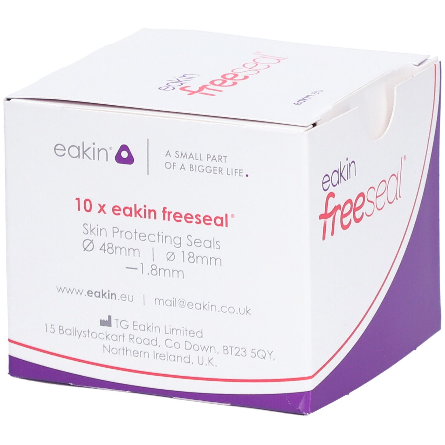 Eakin Freeseal verpakking. Wit-paarse doos met productnaam en informatie. 10 stuks.