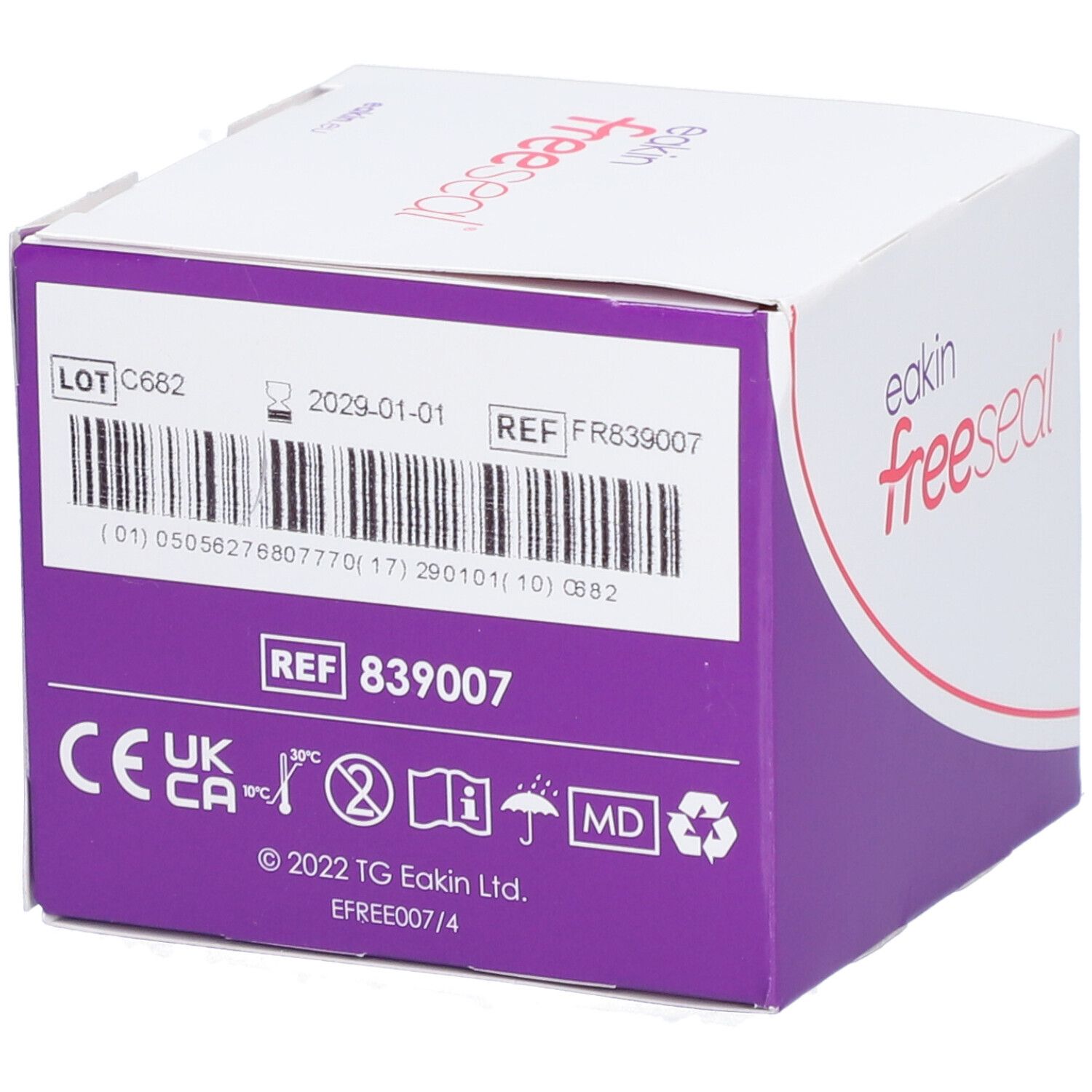 Eakin Freeseal verpakking. Wit-paarse doos met productnaam en informatie. CE-markering.