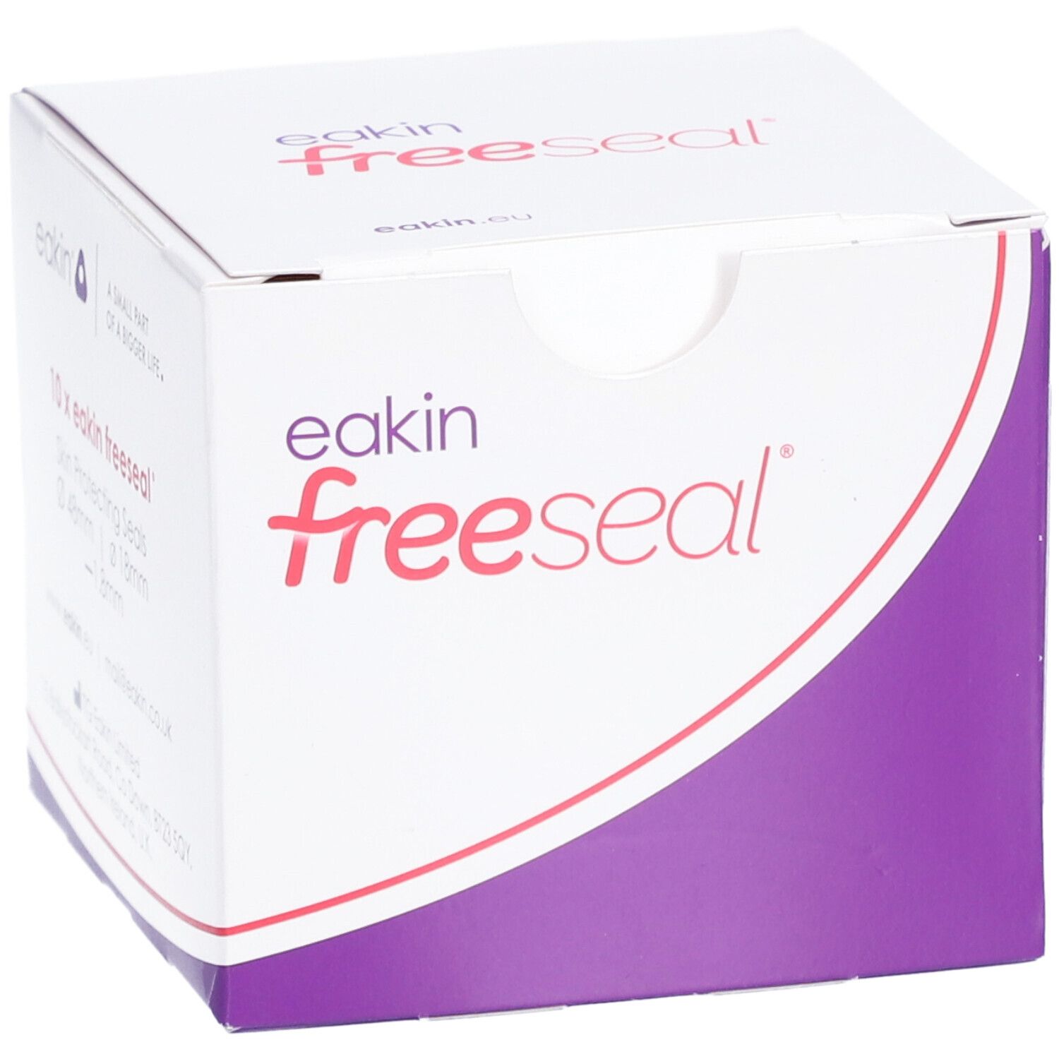 Eakin Freeseal verpakking. Wit-paarse doos met productnaam en informatie.