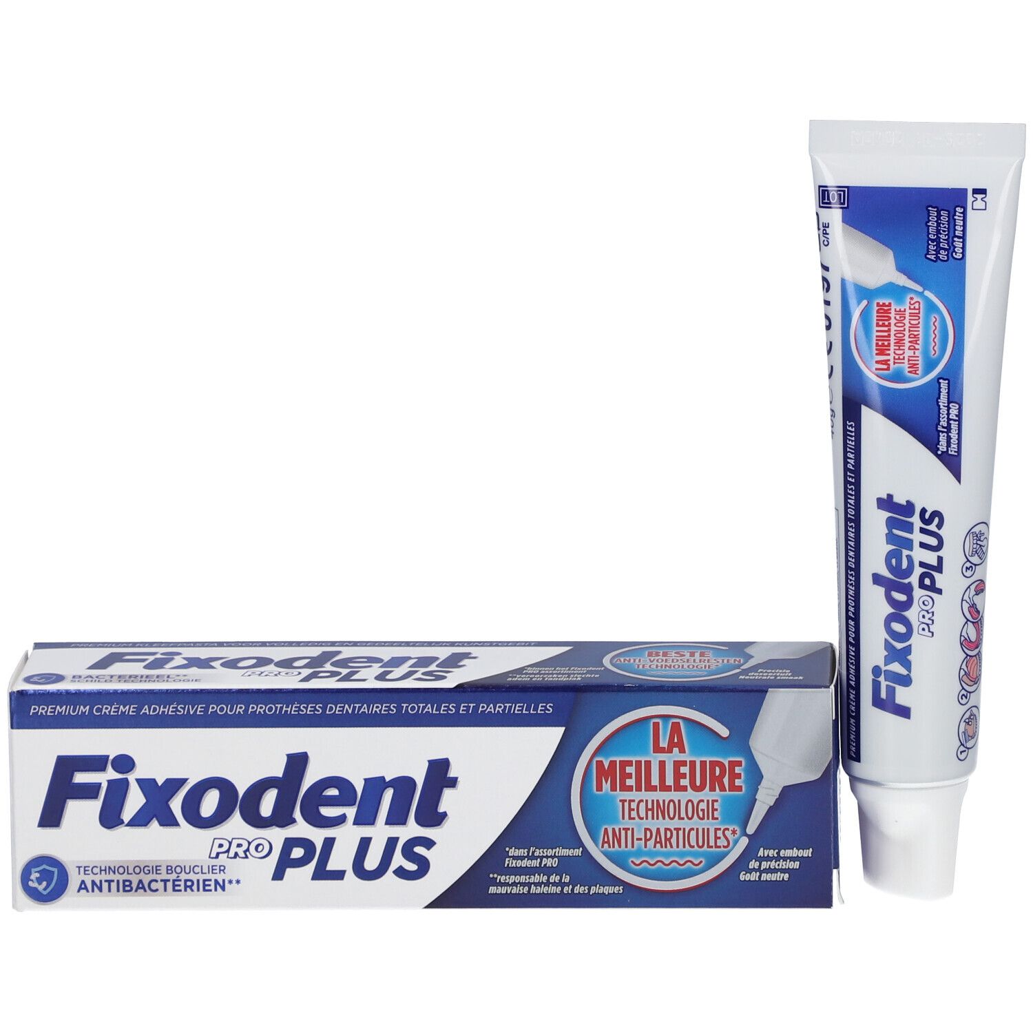 Emballage et tube de crème adhésive pour prothèses dentaires. Boîte bleue et tube avec nom et logos. Contient la technologie Anti-Particules.