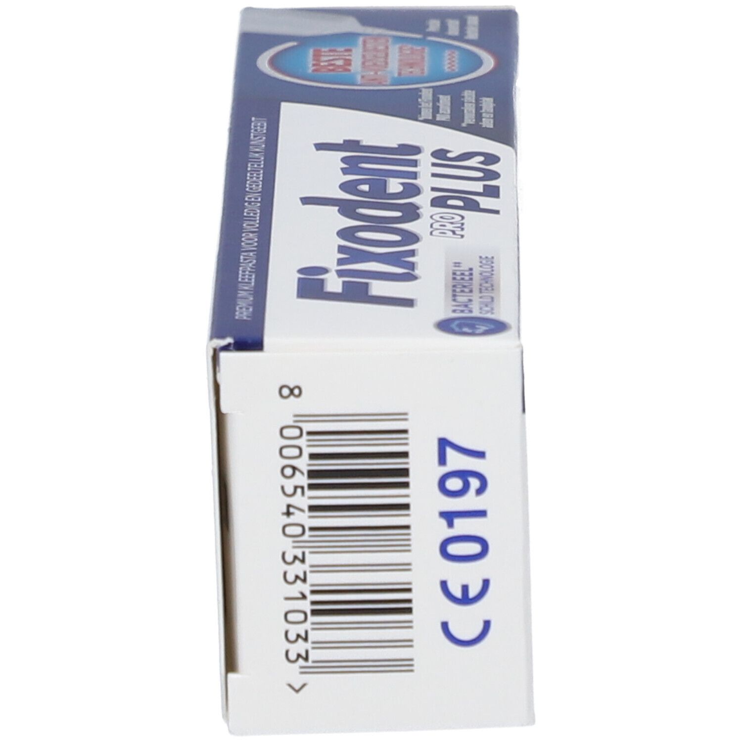 Vue latérale de l'emballage du produit. Contient un code-barres, le marquage CE et des informations sur le produit. Nom du produit non visible.