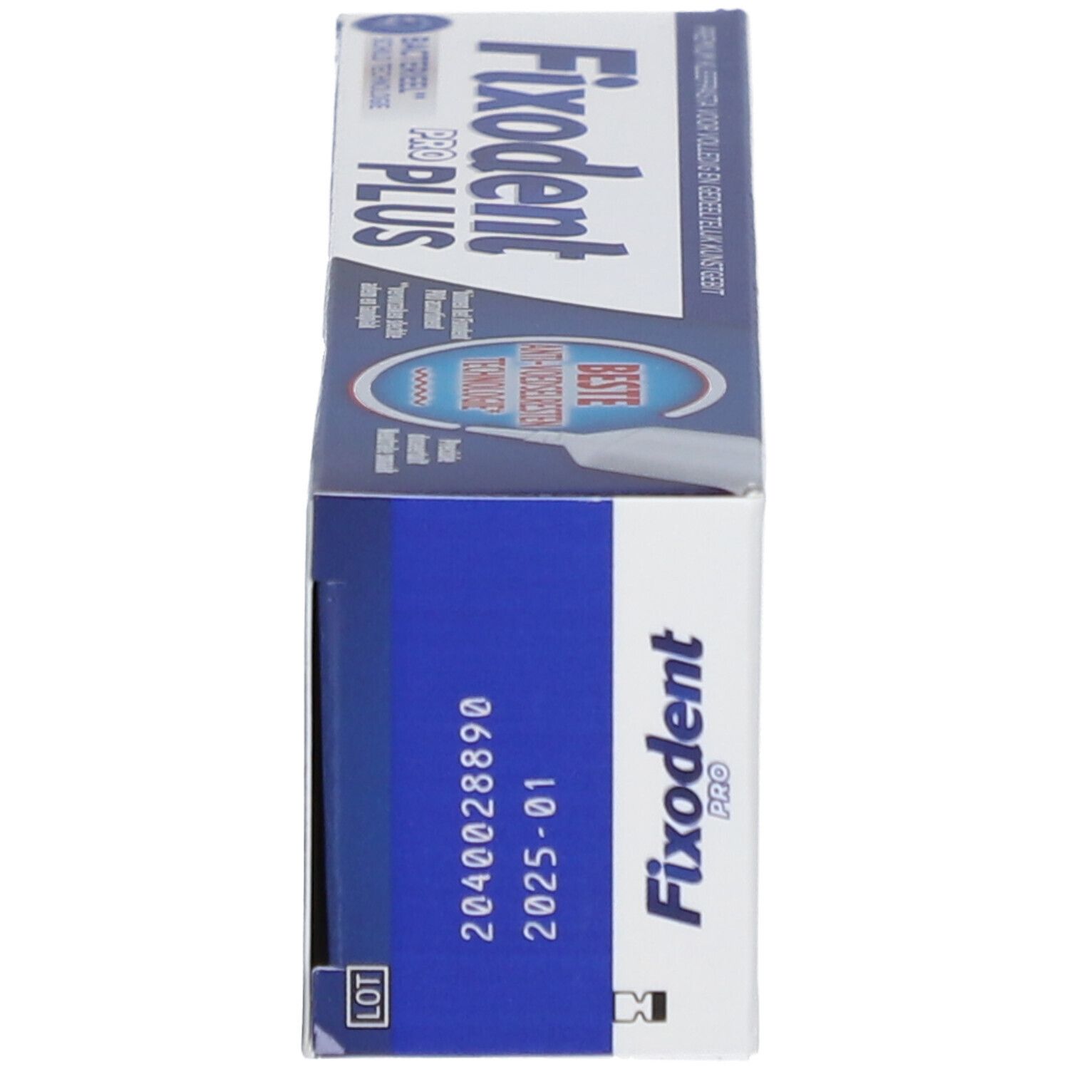 Extrémité de l'emballage du produit. Contient le nom du produit, le numéro de lot et la date de péremption. Couleur bleue.