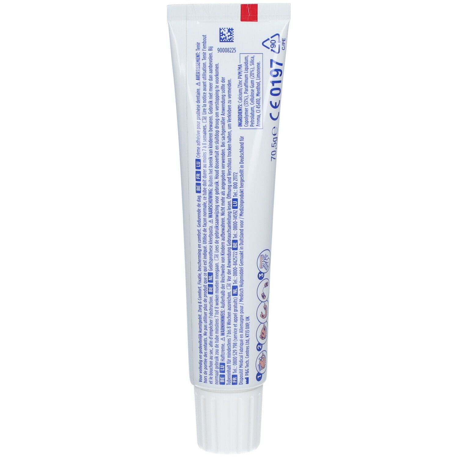 Tube de crème adhésive blanc. Texte en plusieurs langues. Extrémité rouge. Informations de produit et certifications.
