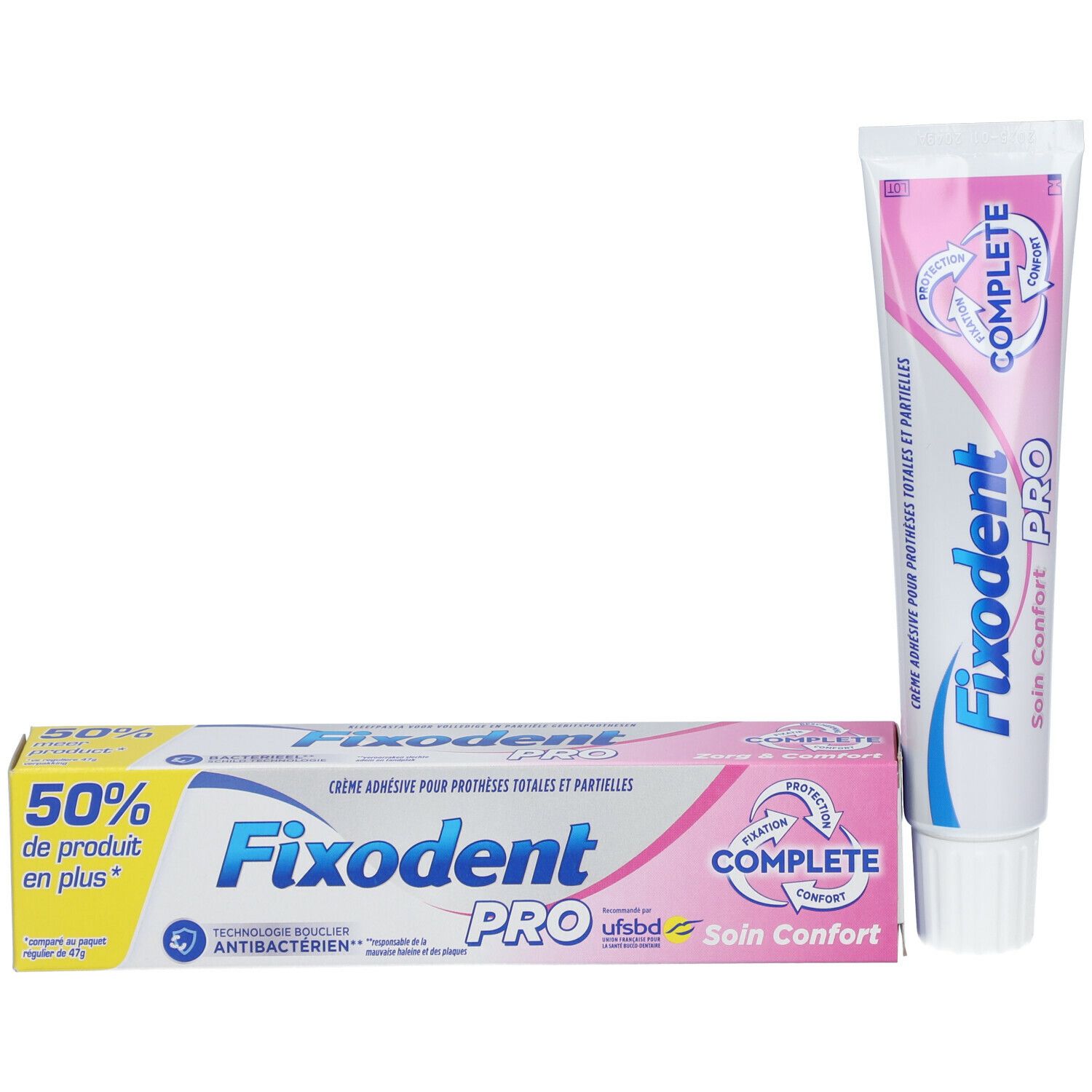 Deux produits Fixodent Pro Complete. Tube et boîte. Rose et blanc. Texte: Complete, Pro, Soin Confort.