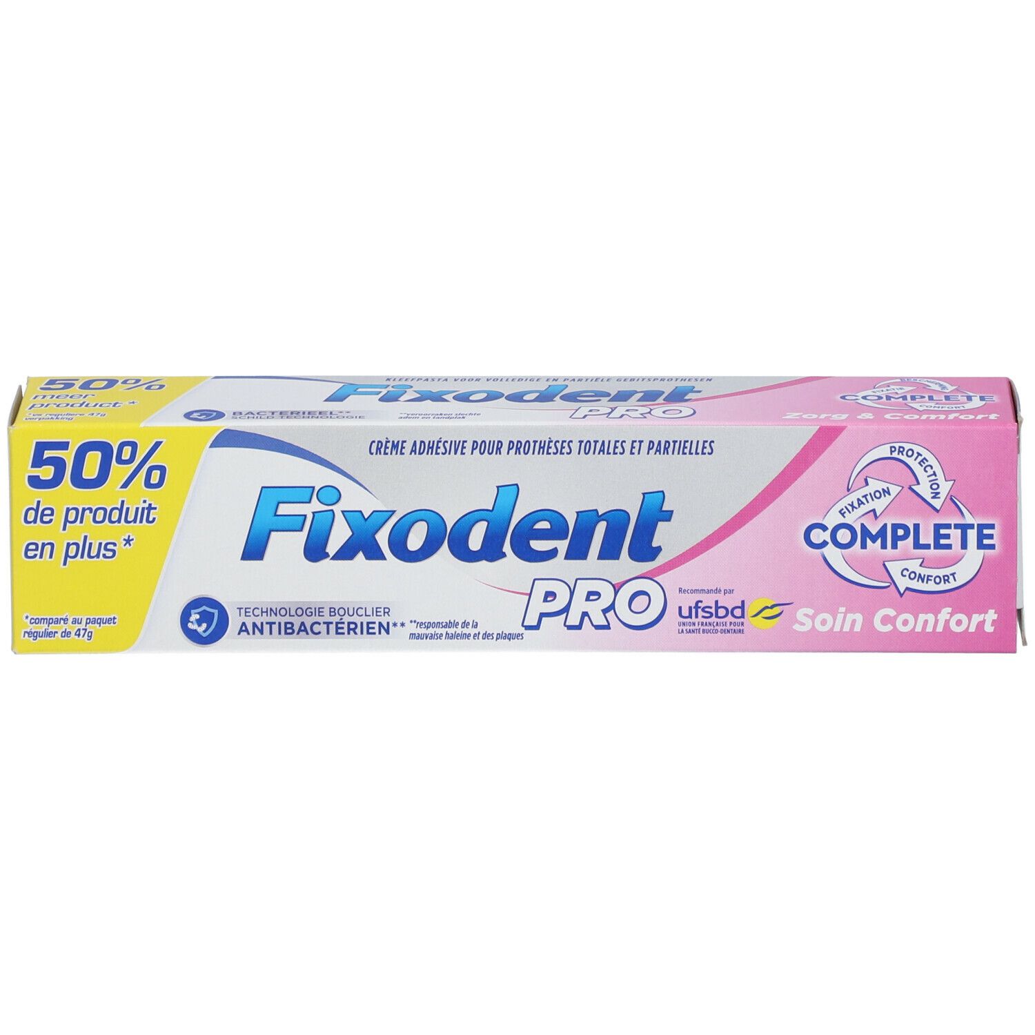 Boîte Fixodent Pro Complete. Rose et blanc. Texte: Complete, Pro, Soin Confort. 50% de produit en plus.