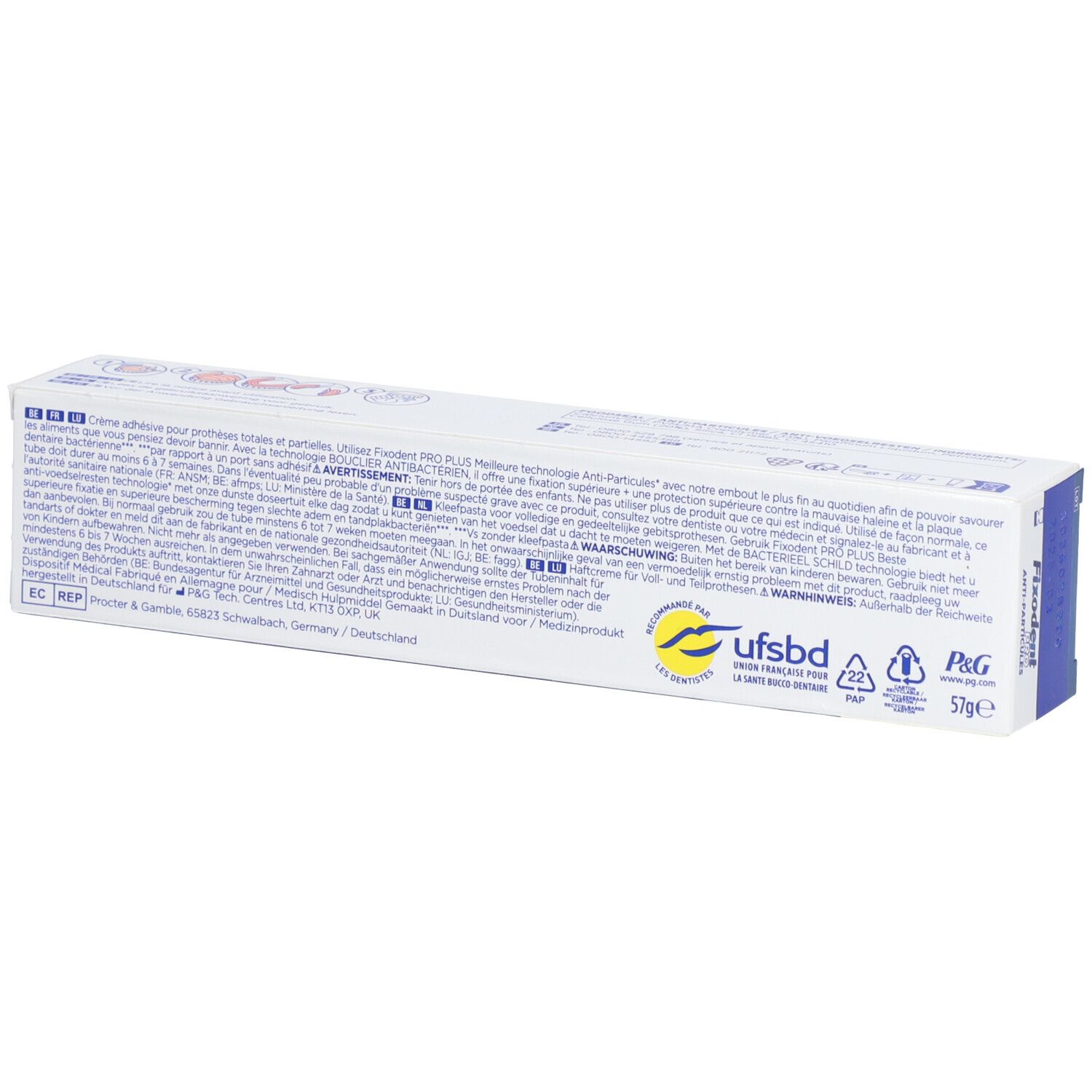 Dos de l'emballage Fixodent Pro Plus. Texte multilingue, logos et informations.