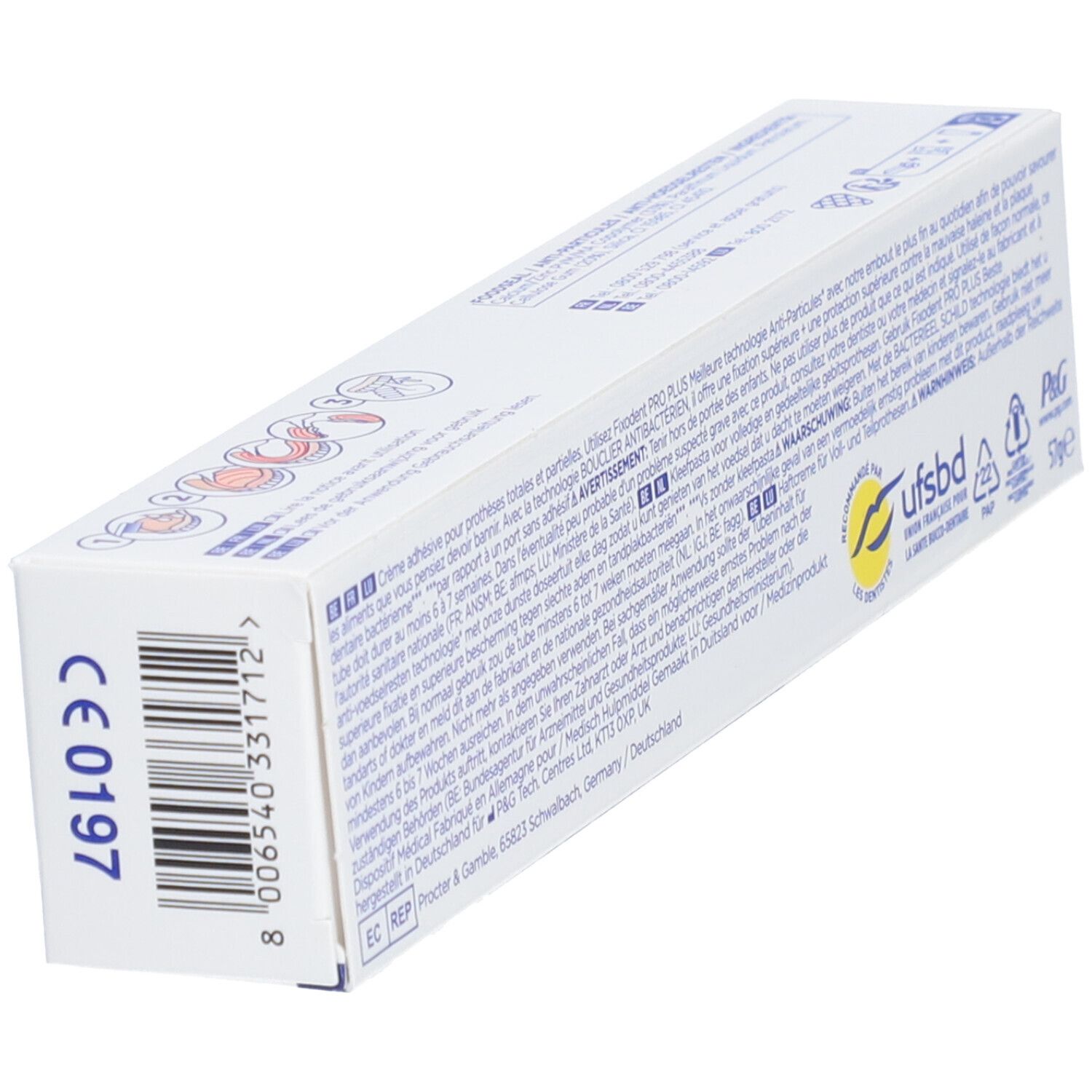 Dos de l'emballage Fixodent Pro Plus en biais. Texte, logos et code-barres.