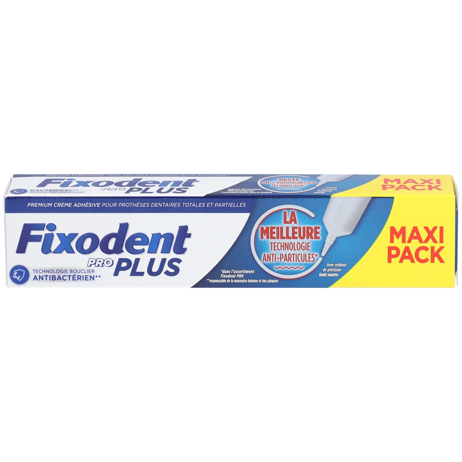 Emballage Fixodent Pro Plus. Boîte blanche et bleue avec nom du produit et Maxi Pack.
