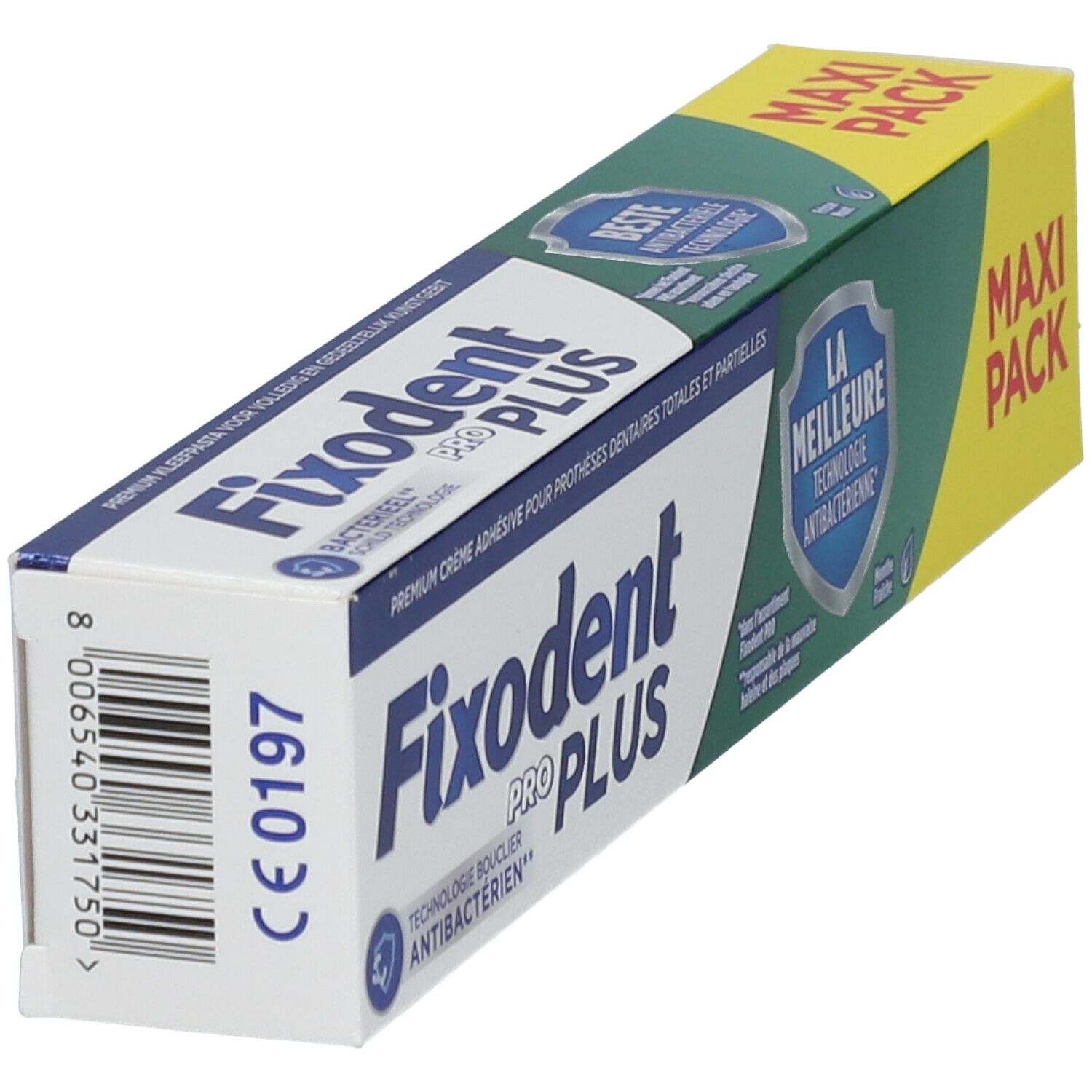Fixodent Pro Plus Maxi Pack. Emballage en biais. Crème adhésive premium. Technologie antibactérienne. Code-barres.