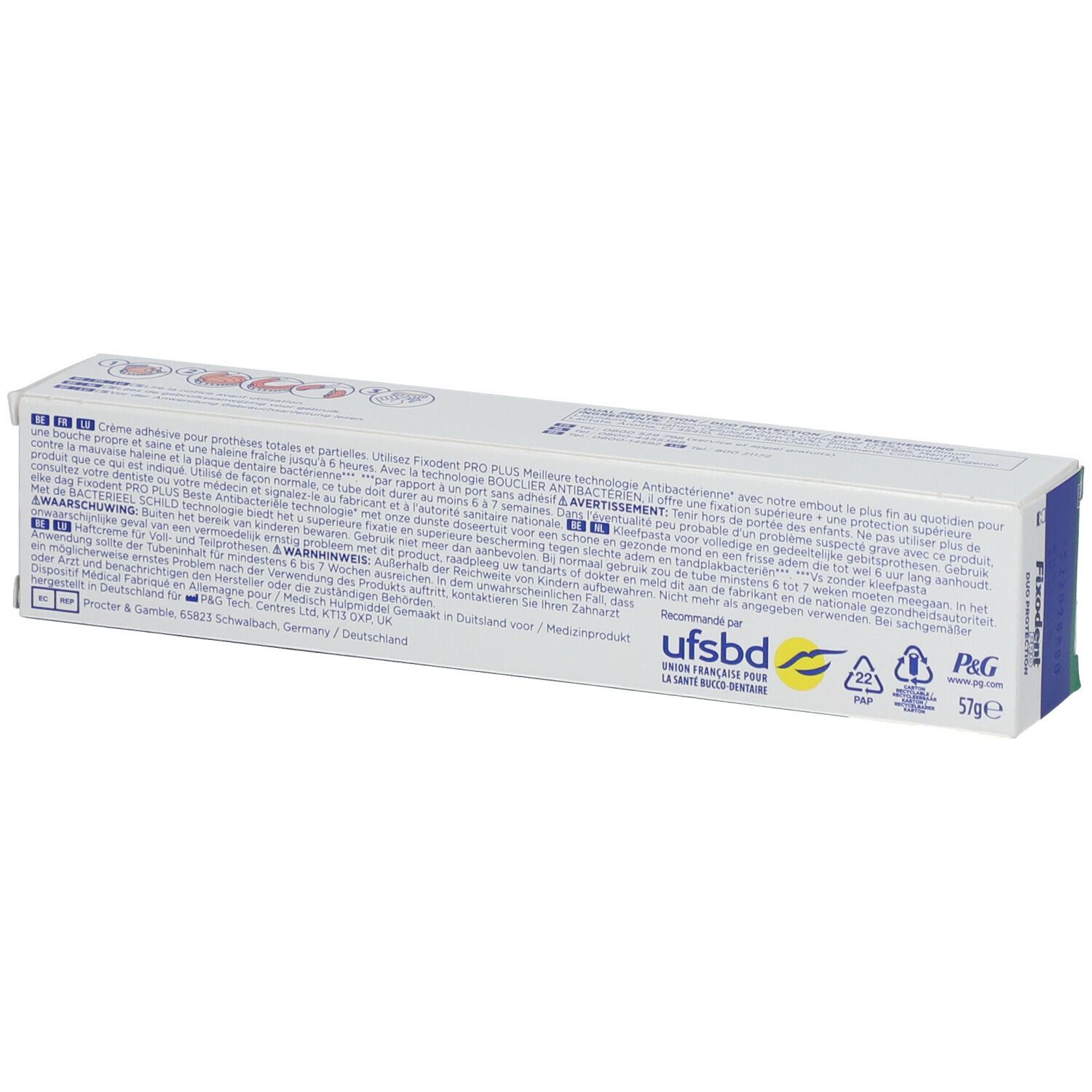 Fixodent Pro Plus. Dos de l'emballage. Crème adhésive premium. Avertissements et informations du fabricant.