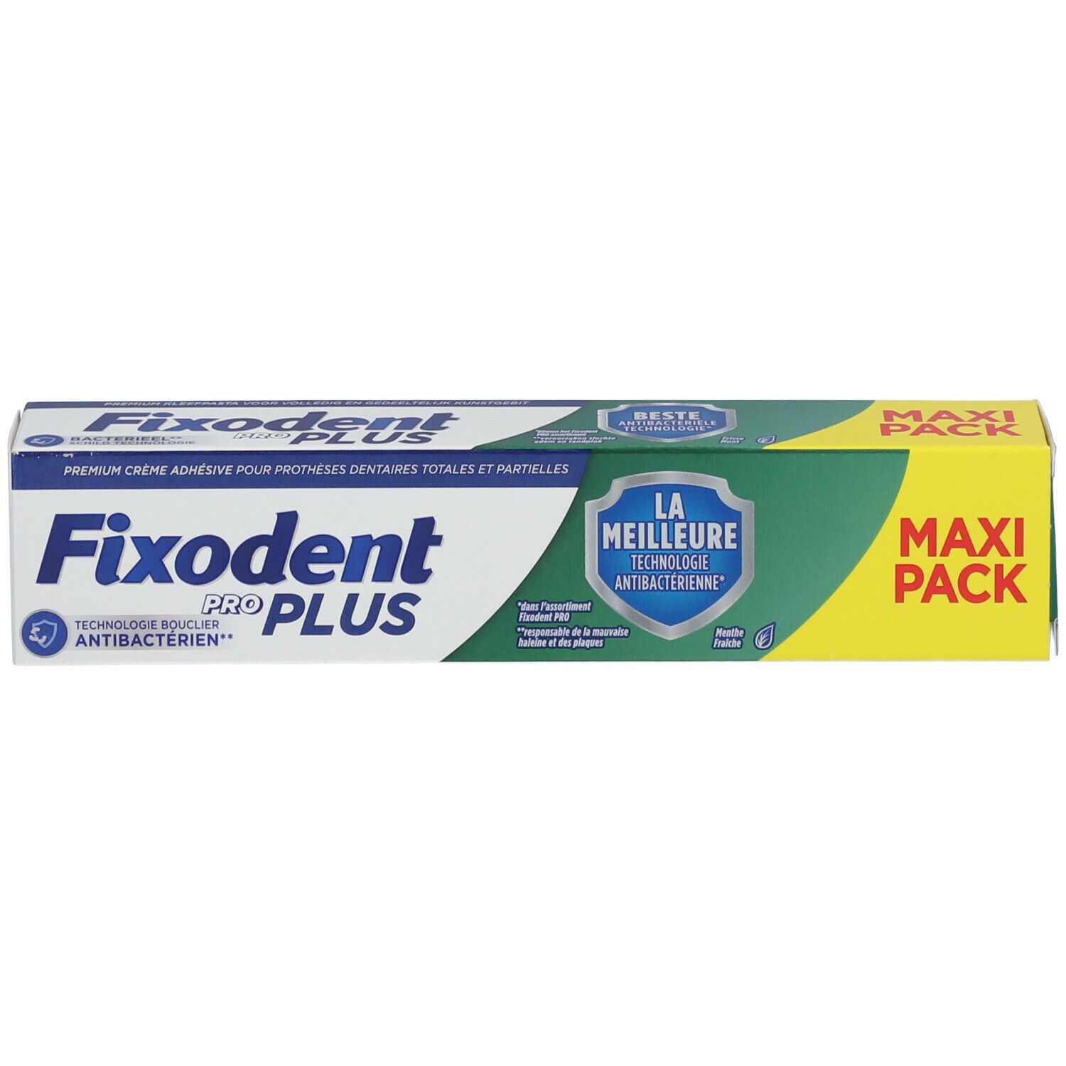 Fixodent Pro Plus Maxi Pack. Crème adhésive premium pour prothèses. Technologie antibactérienne. Emballage vert, blanc et jaune.
