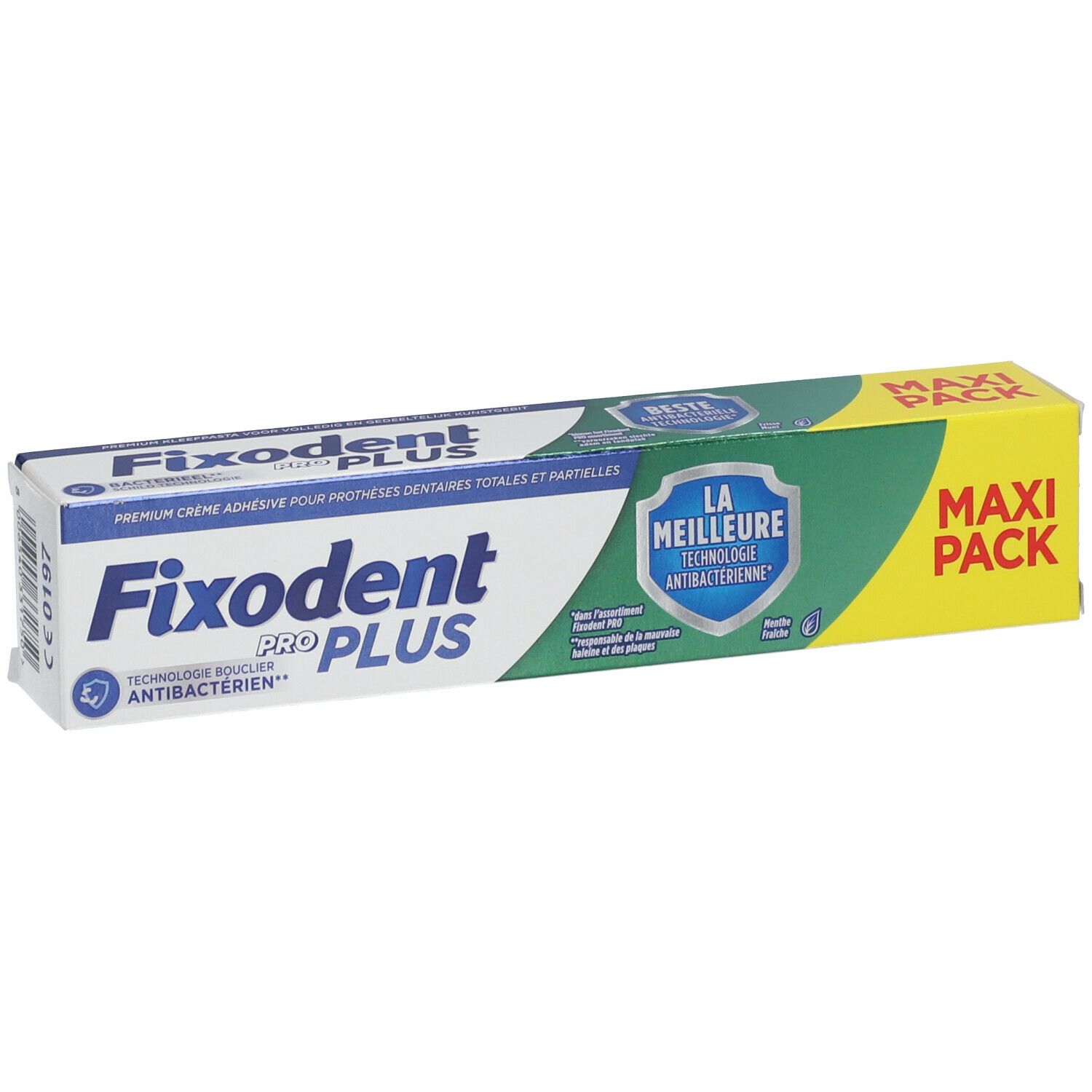 Fixodent Pro Plus Maxi Pack. Crème adhésive premium pour prothèses. Technologie antibactérienne. Emballage vert, blanc et jaune.