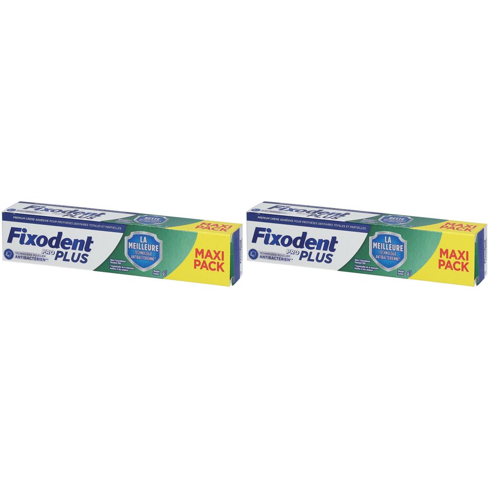 Deux emballages Fixodent Pro Plus Maxi Pack. Crème adhésive premium. Technologie antibactérienne. Vert, blanc et jaune.