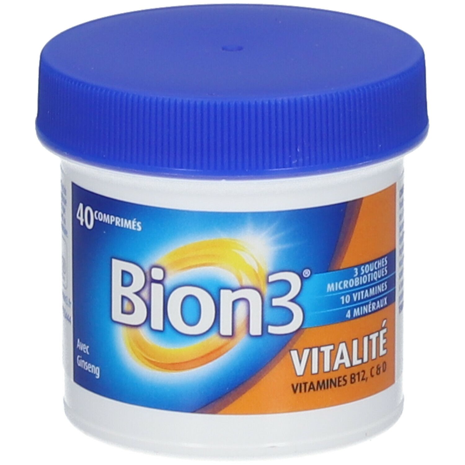 Boîte blanche avec couvercle bleu. Inscription: Bion3 Vitalité, 40 comprimés, avec Ginseng.
