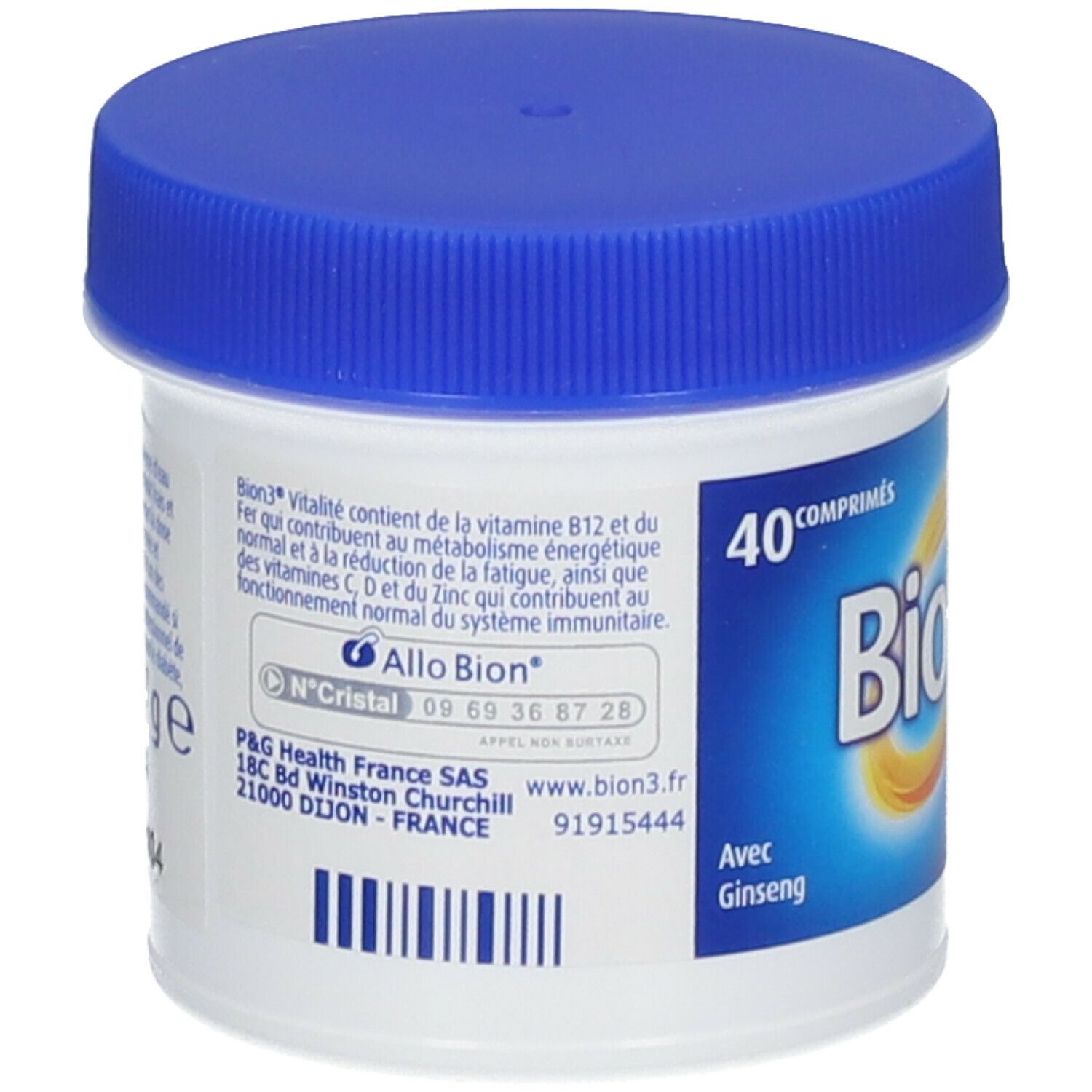 Boîte blanche avec couvercle bleu. Inscription: Bion3 Vitalité, 40 comprimés, avec Ginseng. Texte au dos.