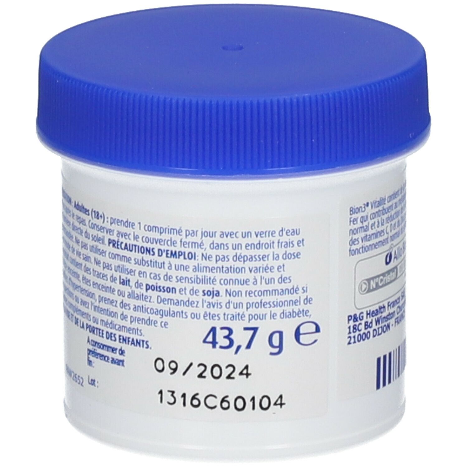 Boîte blanche avec couvercle bleu. Inscription: Bion3 Vitalité, 40 comprimés, avec Ginseng. Texte au dos.