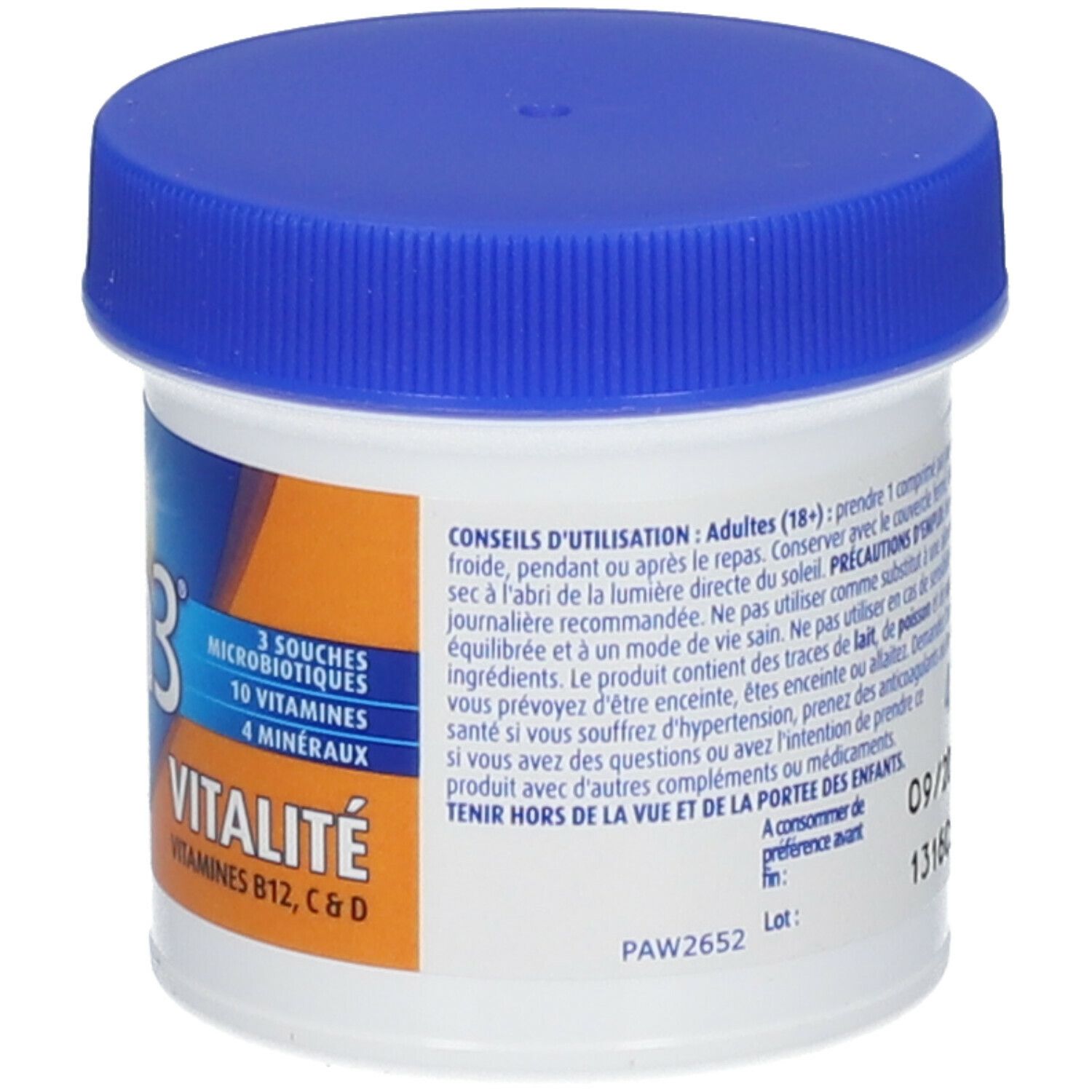 Boîte blanche avec couvercle bleu. Inscription: Bion3 Vitalité, 40 comprimés, avec Ginseng. Texte au dos.