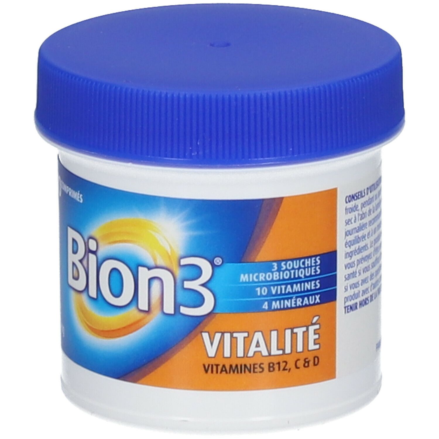 Boîte blanche avec couvercle bleu. Inscription: Bion3 Vitalité, 40 comprimés, avec Ginseng. Texte au dos.