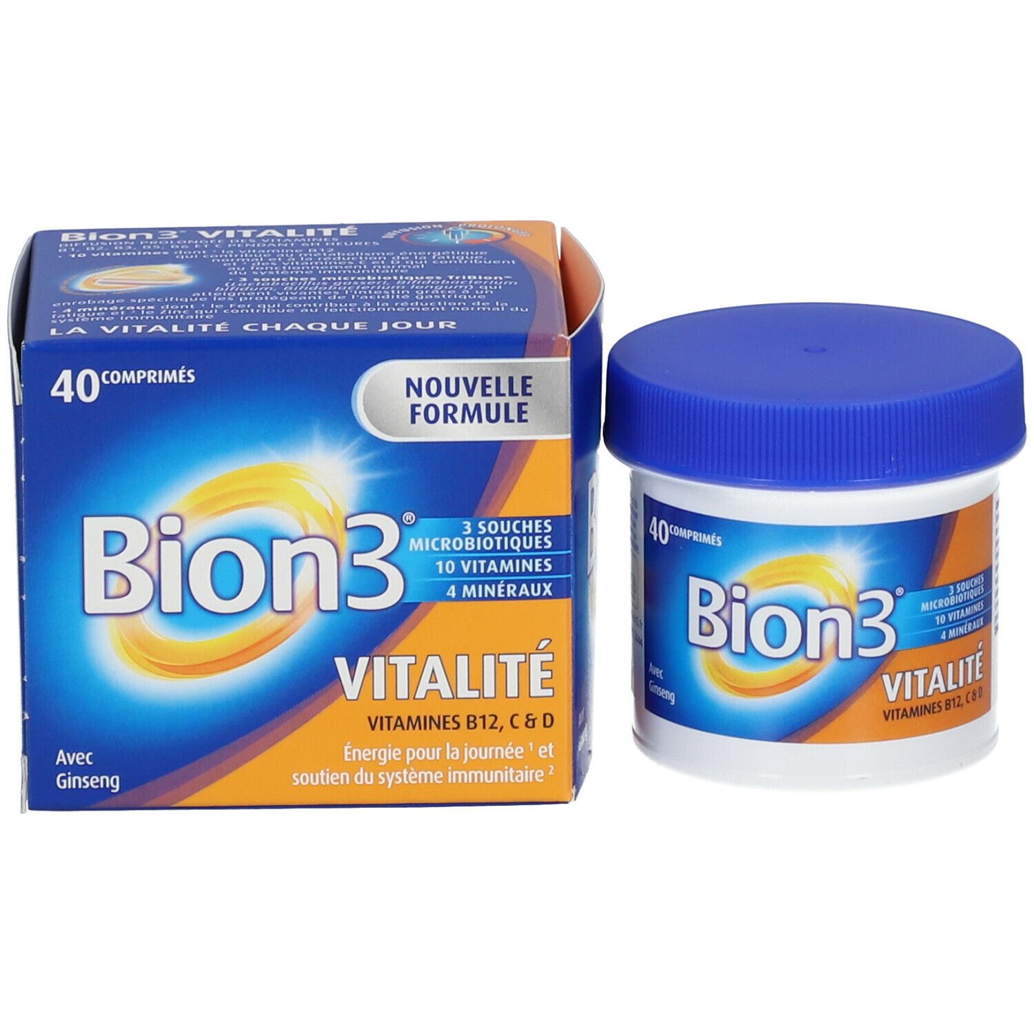 Boîte et flacon Bion3 Vitalité. Flacon avec couvercle bleu, boîte avec inscription: 40 comprimés.