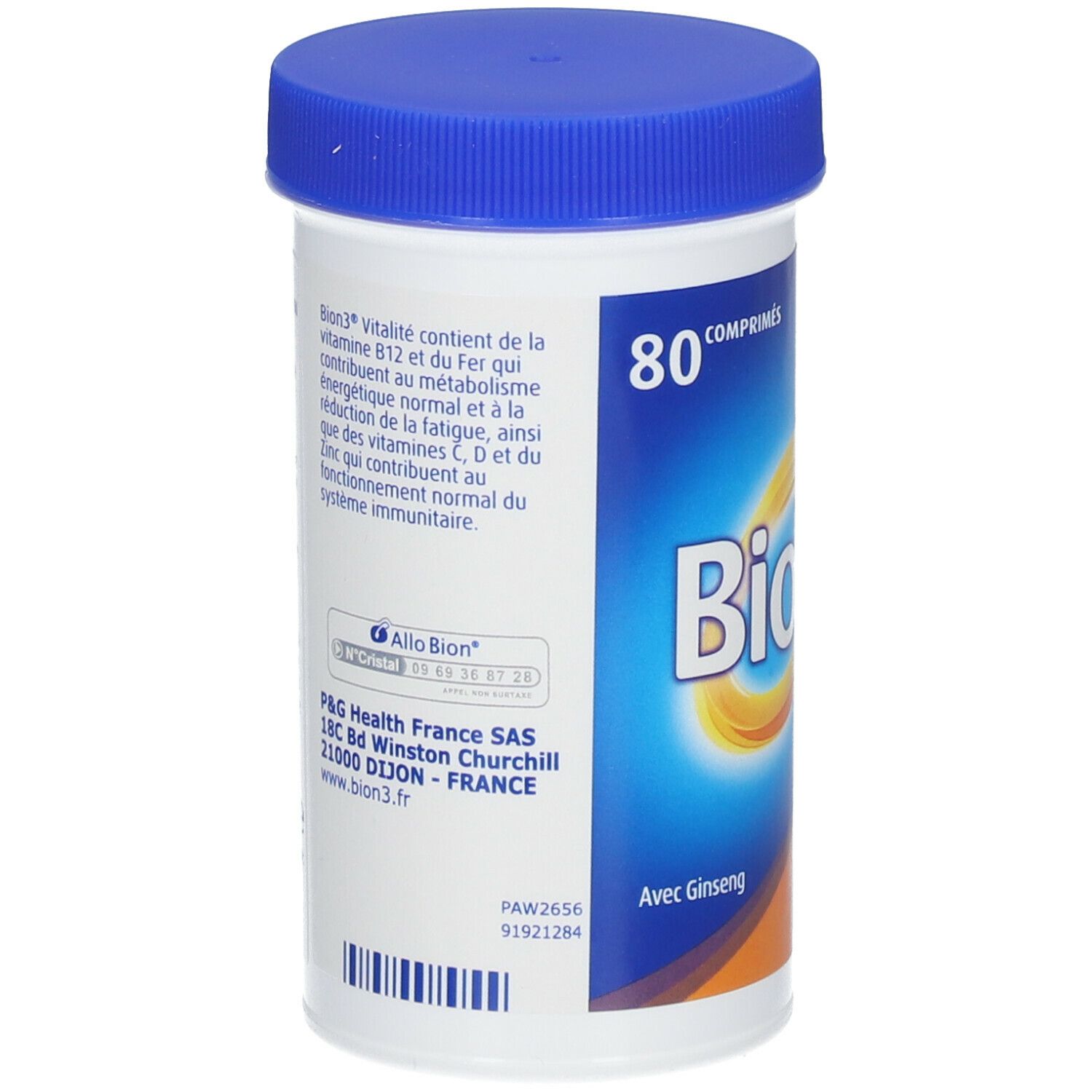 Dos du flacon Bion3 Vitalité. Informations textuelles, ingrédients et adresse du fabricant. Fond bleu et blanc.